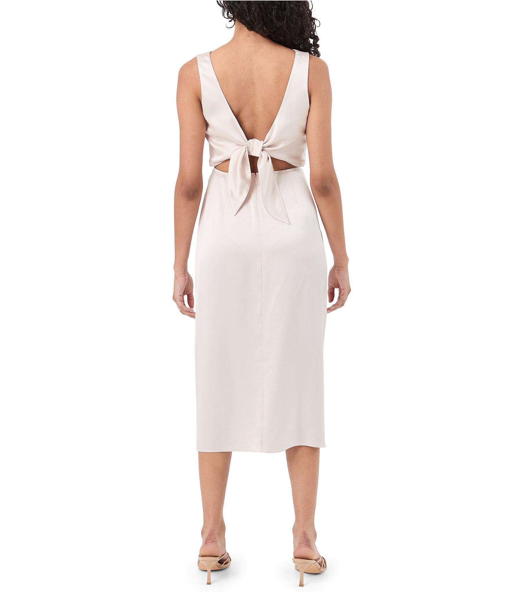 Trina Turk Mochi Satin Boat Neck Sleeveless Sheath Midi Dress