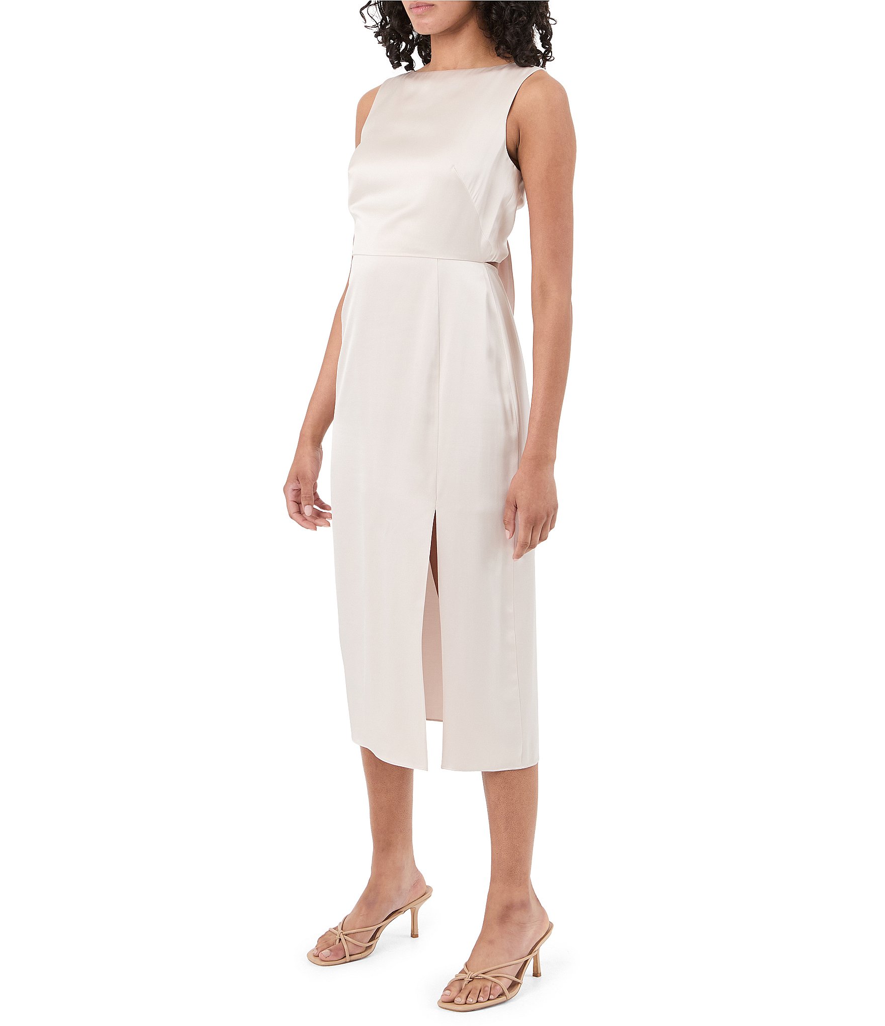 Trina Turk Mochi Satin Boat Neck Sleeveless Sheath Midi Dress