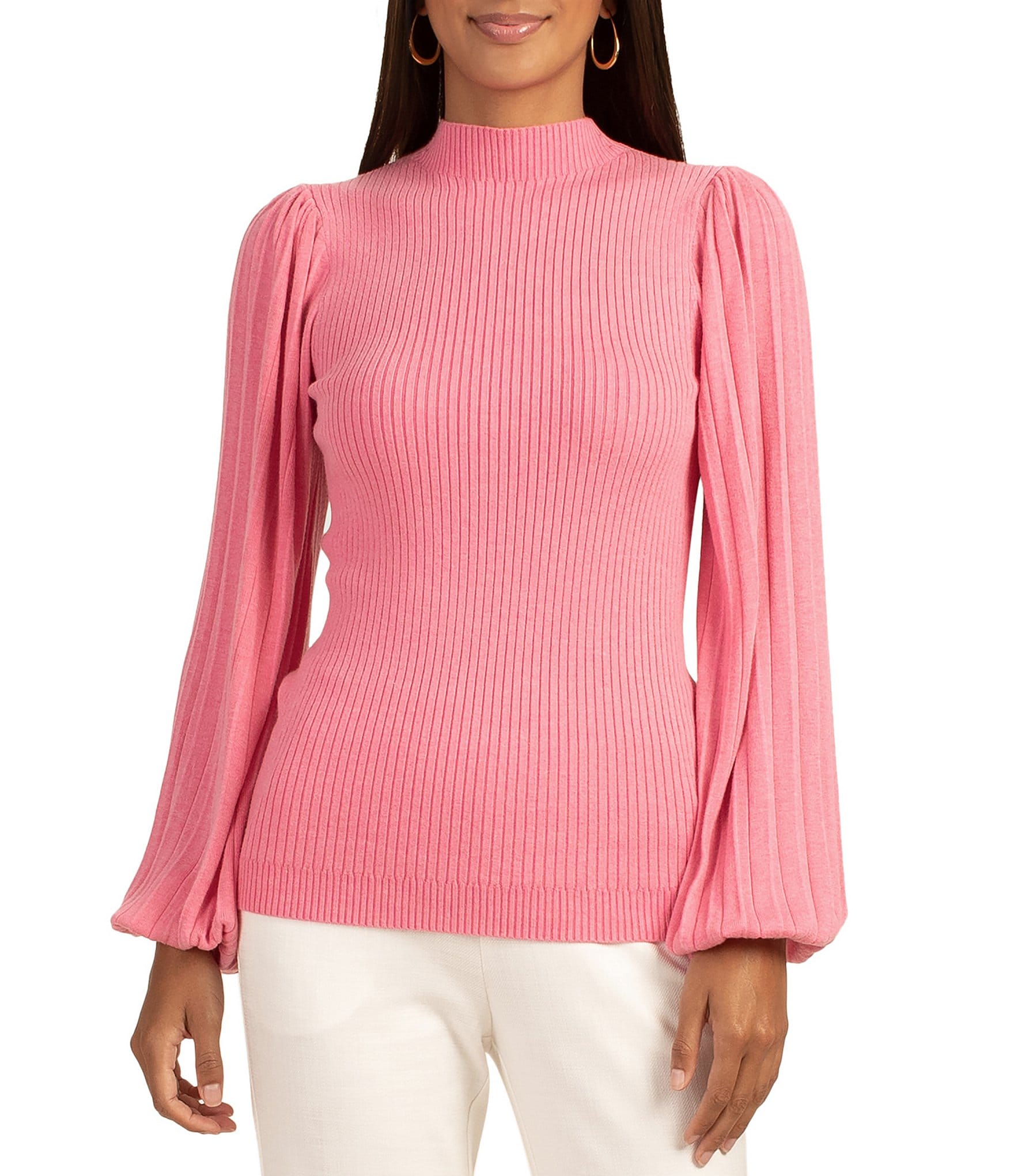 Trina Turk Mock Neck Long Sleeve Ribbed Knit Glossy Sweater Dillards 5042