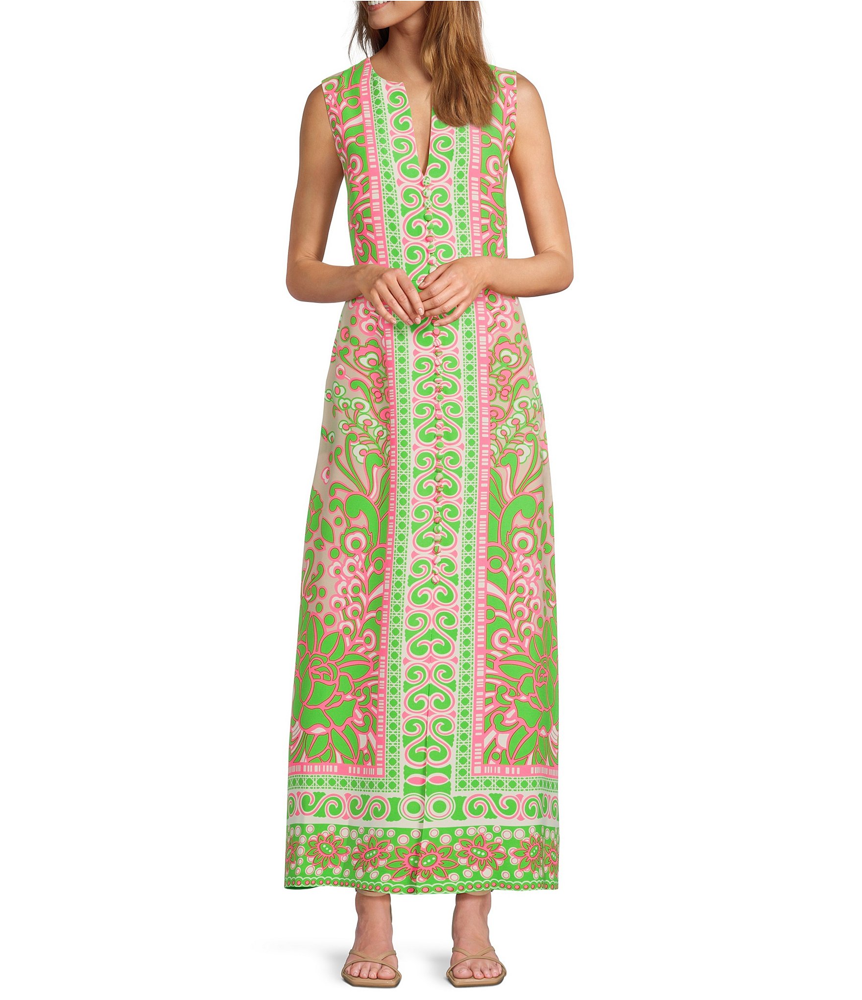 Trina Turk Novak Placed Print V-Neck Sleeveless Button Front