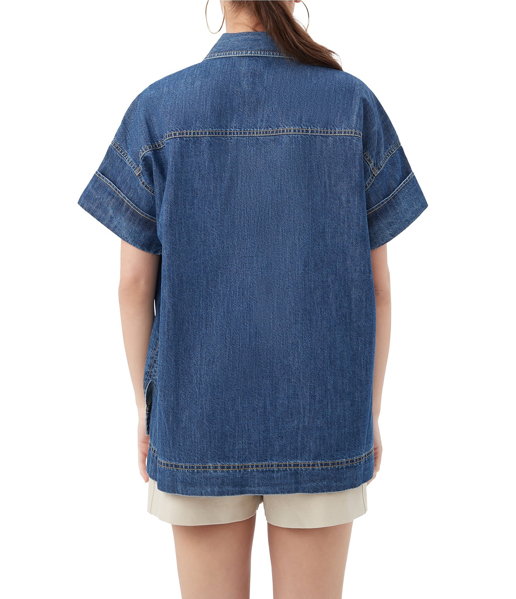 Trina Turk Opponent Denim Point Collar Short Sleeve Button Front Boxy Top