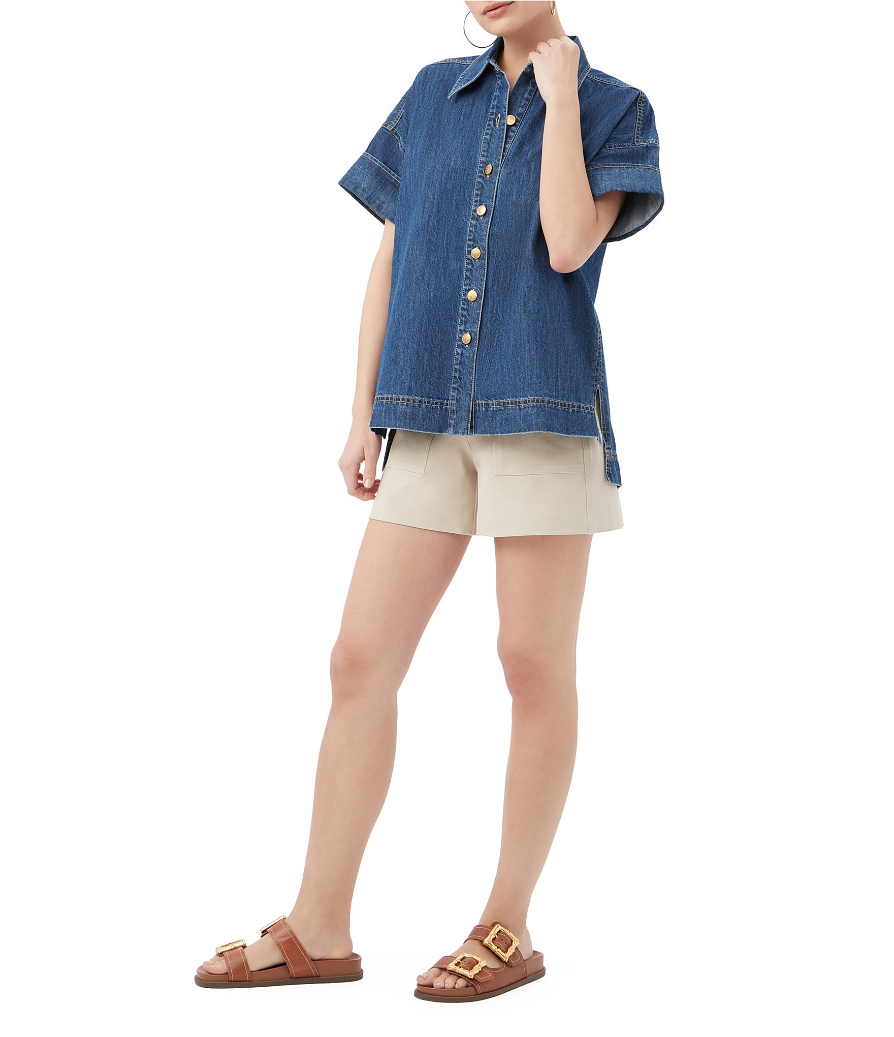 Trina Turk Opponent Denim Point Collar Short Sleeve Button Front Boxy Top