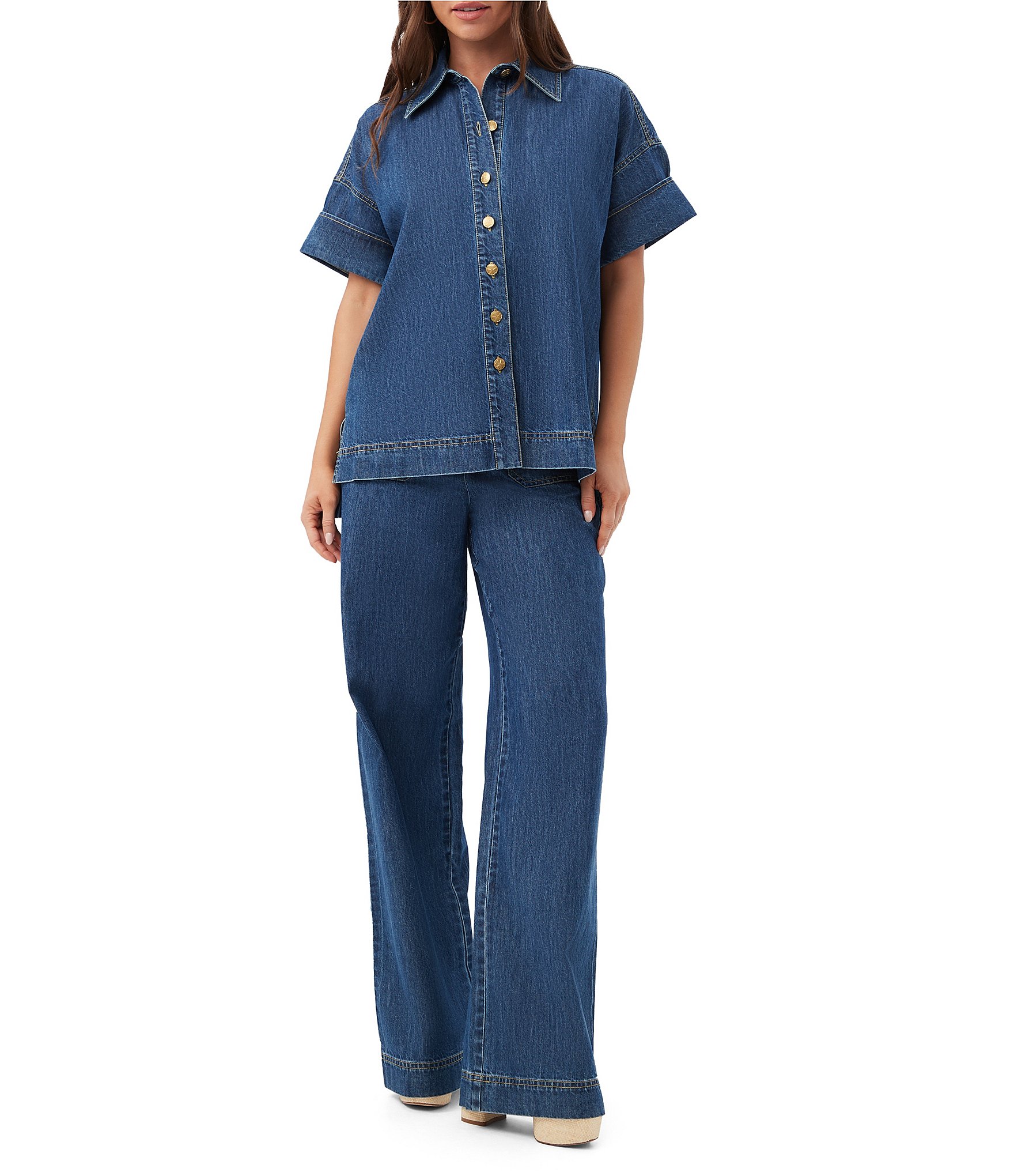 Trina Turk Opponent Denim Point Collar Short Sleeve Button Front Boxy Top
