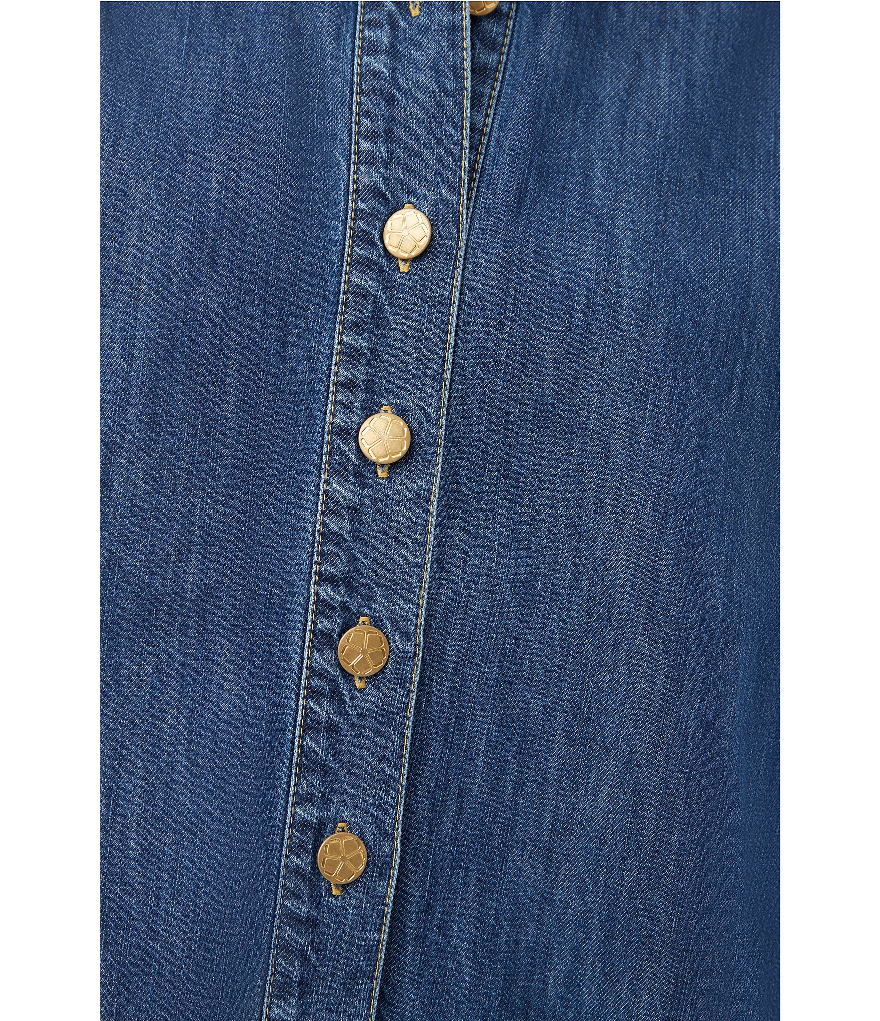 Trina Turk Opponent Denim Point Collar Short Sleeve Button Front Boxy Top