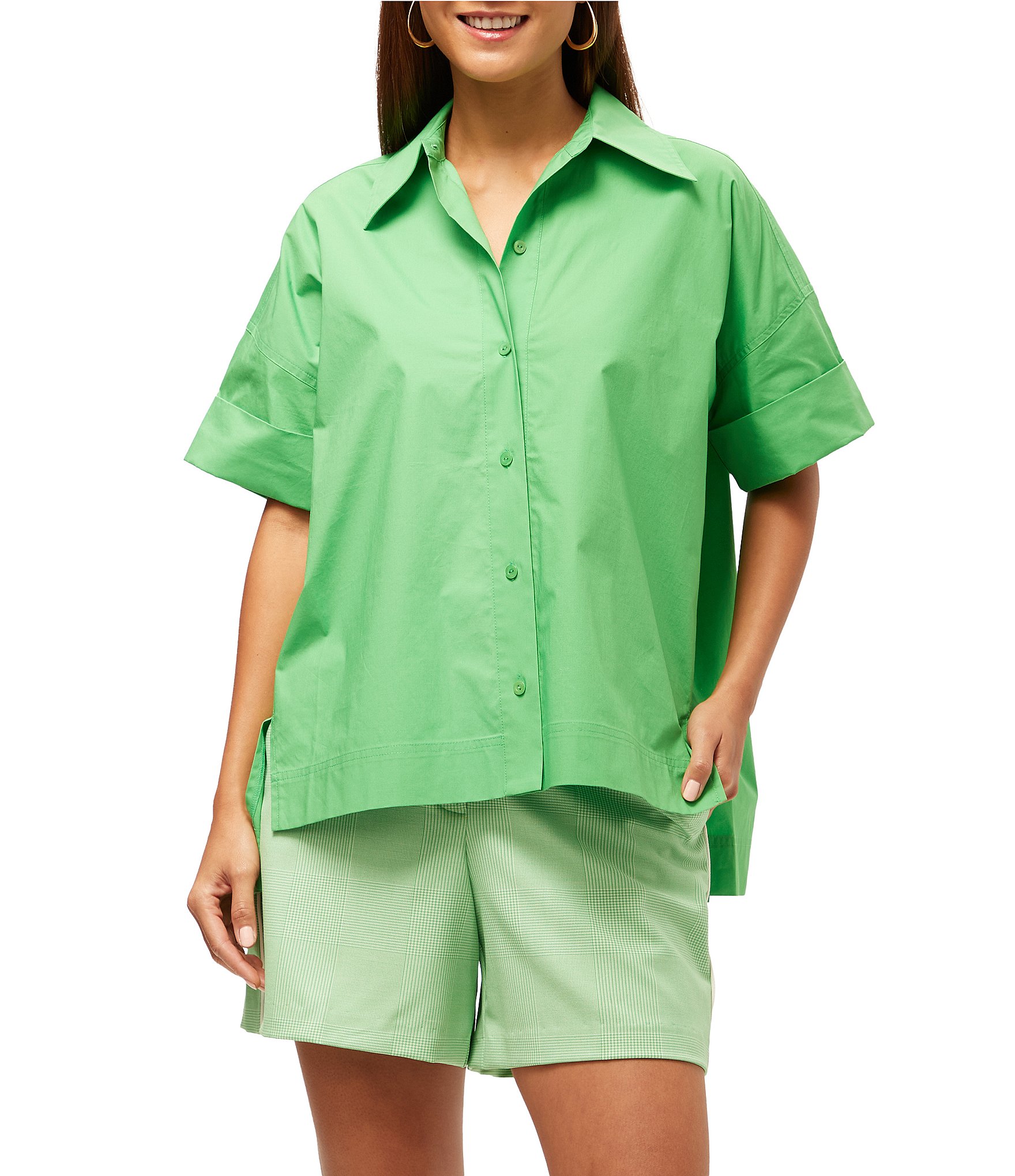 Trina Turk Opponent Stretch Poplin Point Collar Short Sleeve High Low Top