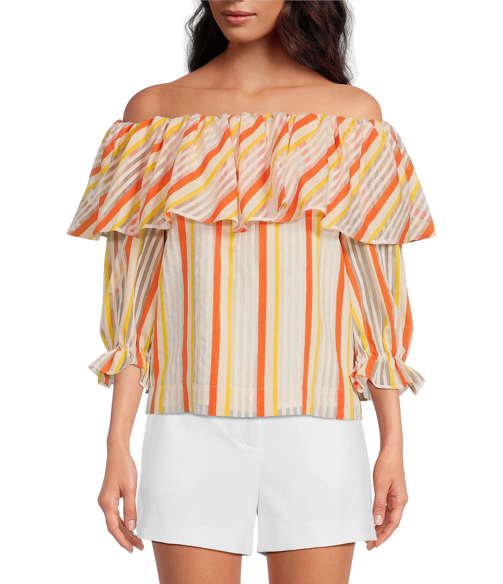 Trina Turk Organdy Solace Striped Print Off-the-Shoulder 3/4 Sleeve ...