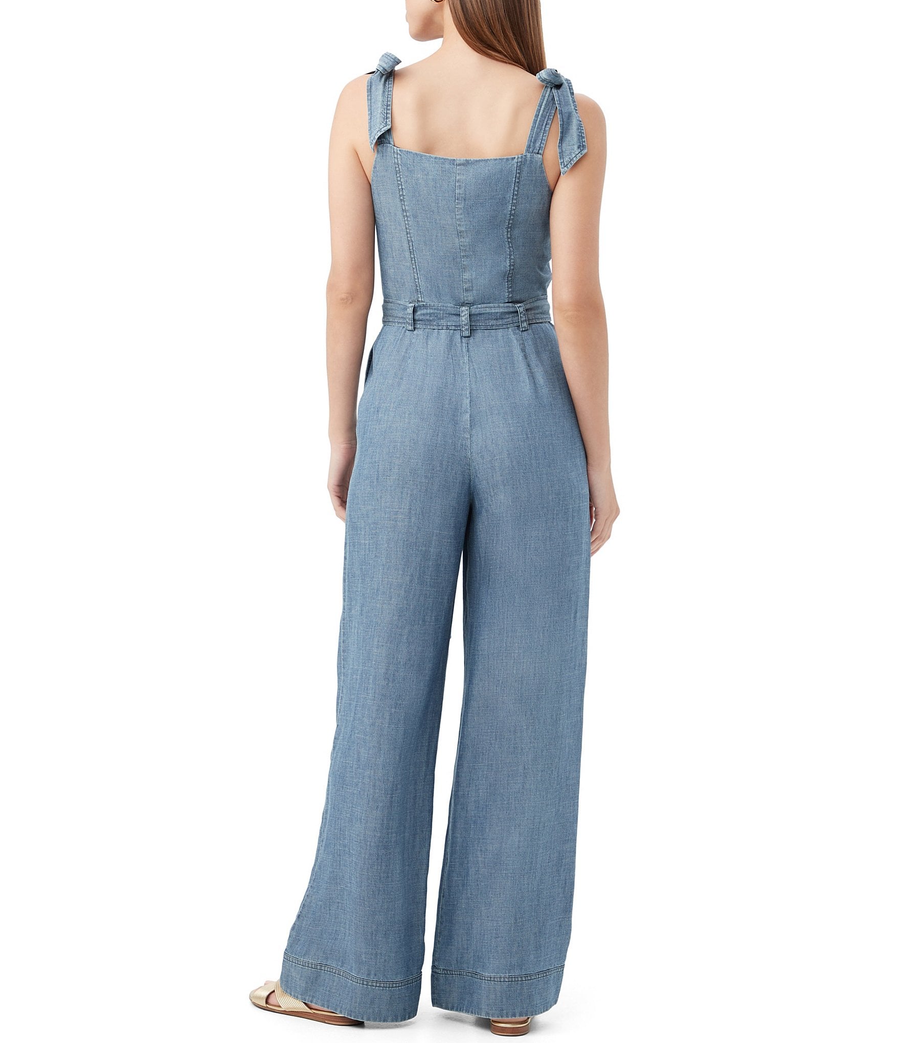 Trina Turk Pago Chambray Denim Square Neck Sleeveless Belted Wide-Leg Jumpsuit