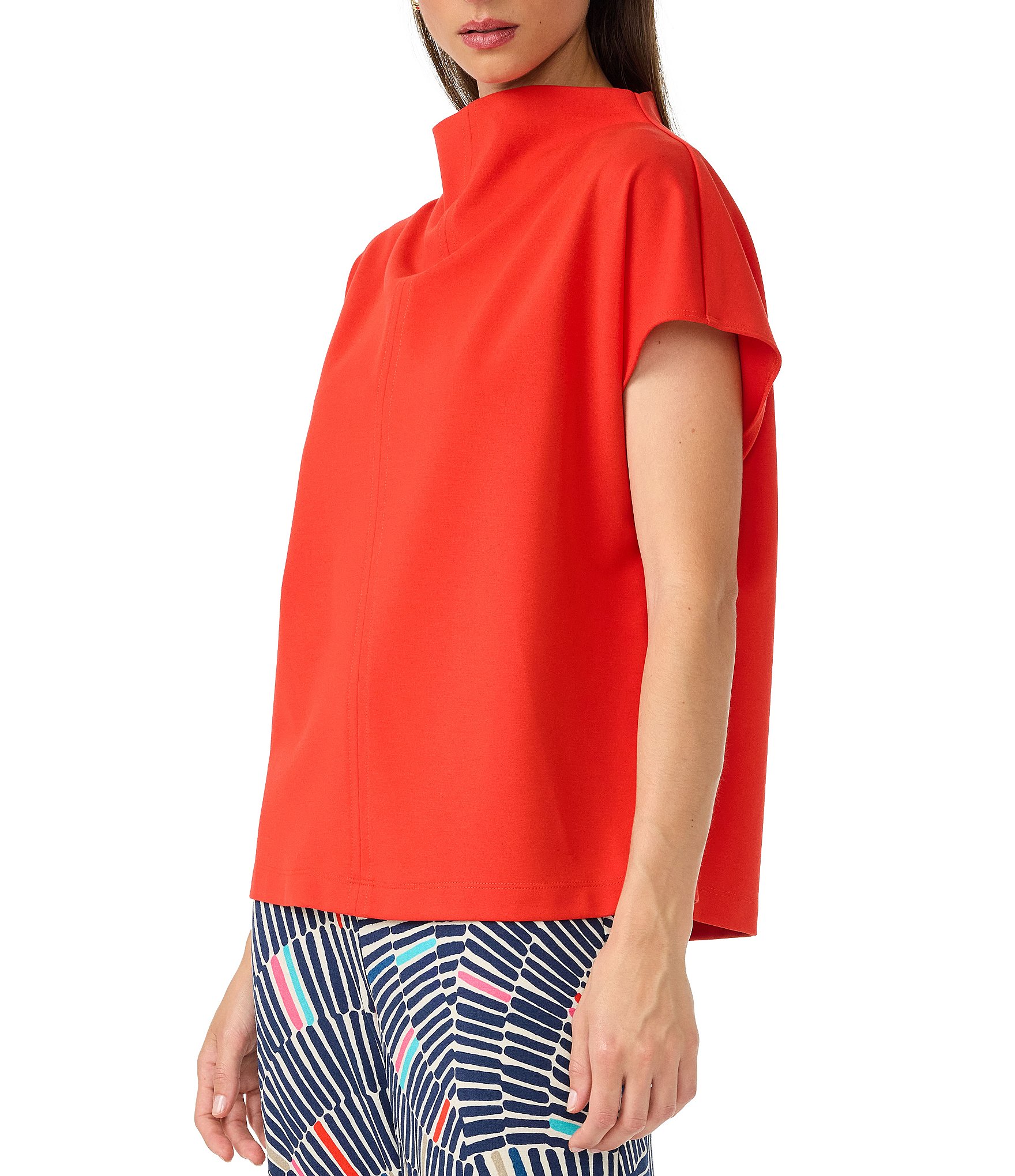 Trina Turk Pavilion Ponte Drape Funnel Neck Cap Sleeve Top