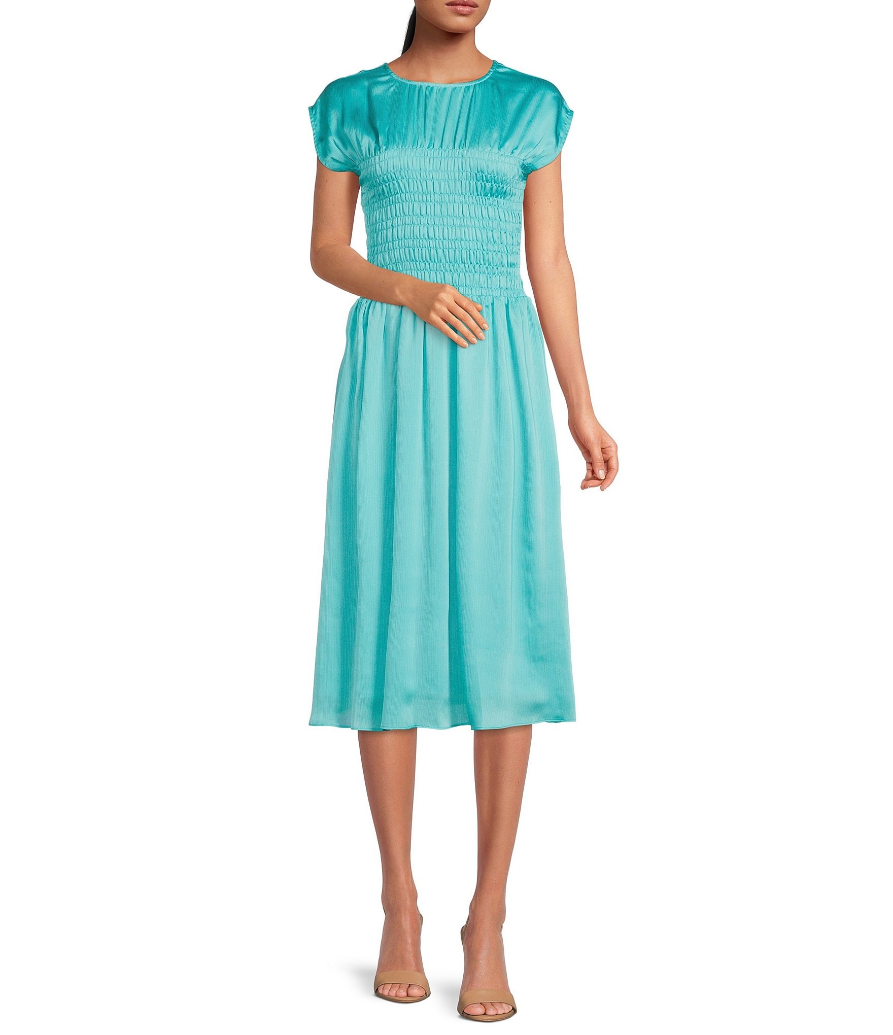 trina-turk-pleated-crew-neck-smocked-waist-cap-sleeve-a-line-dress