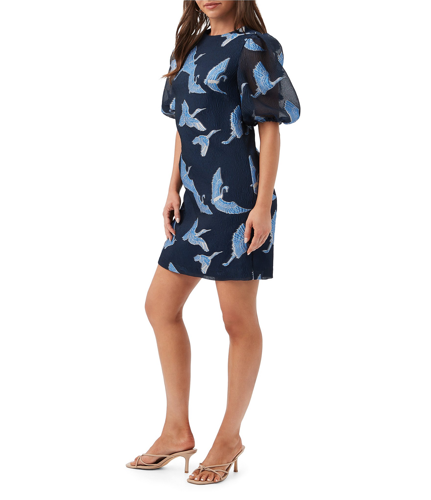 Trina Turk Ringo Fil Coupe Crane Print Round Neck Short Puff Sleeve Dress