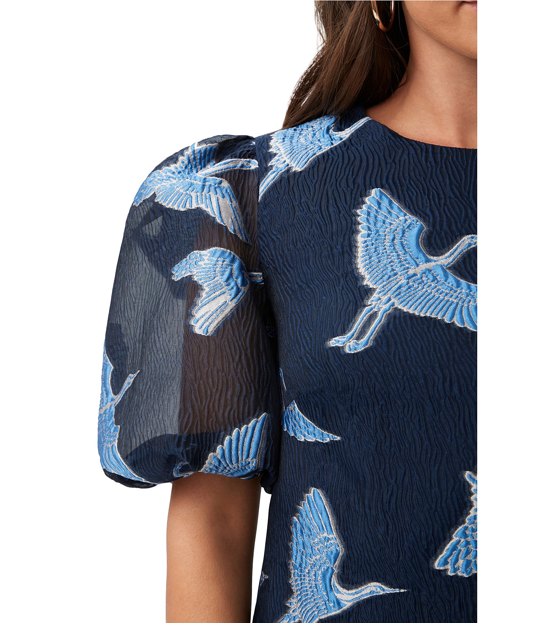 Trina Turk Ringo Fil Coupe Crane Print Round Neck Short Puff Sleeve Dress