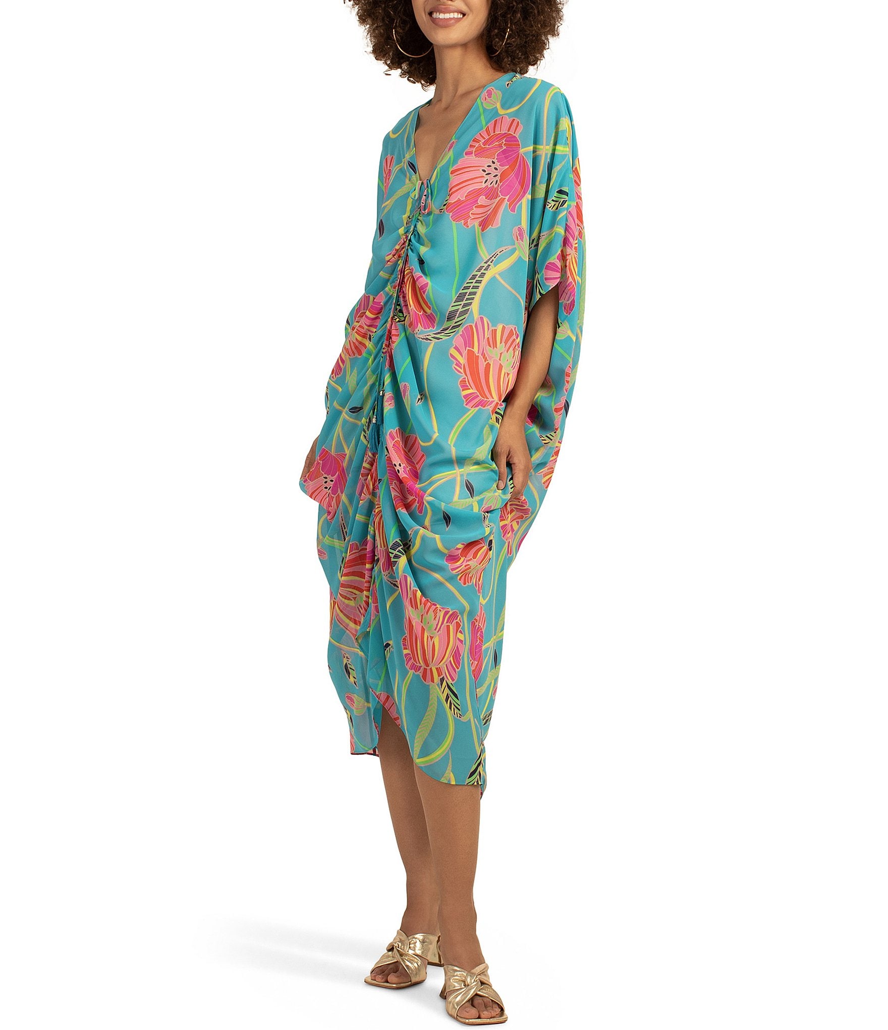 Trina Turk Shadow Floral Print Georgette V-Neck Dolman Sleeve Shirred ...