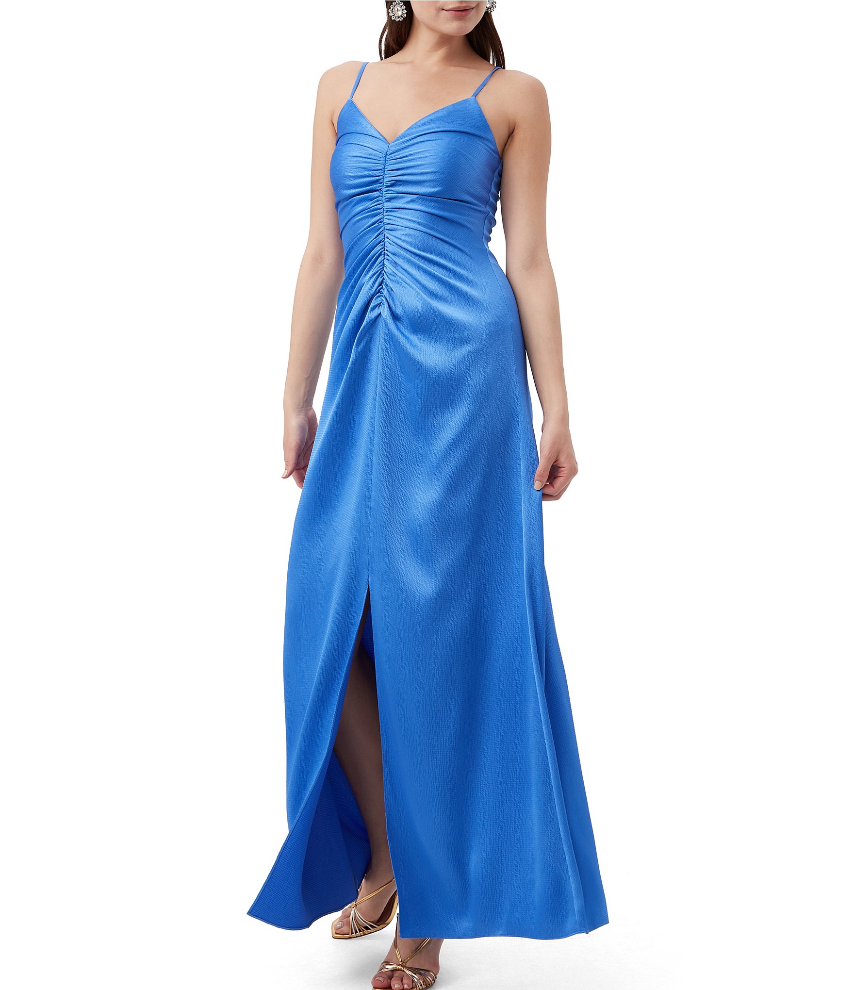 Trina Turk Tulipe Satin V-Neck Sleeveless Ruched Front Slit