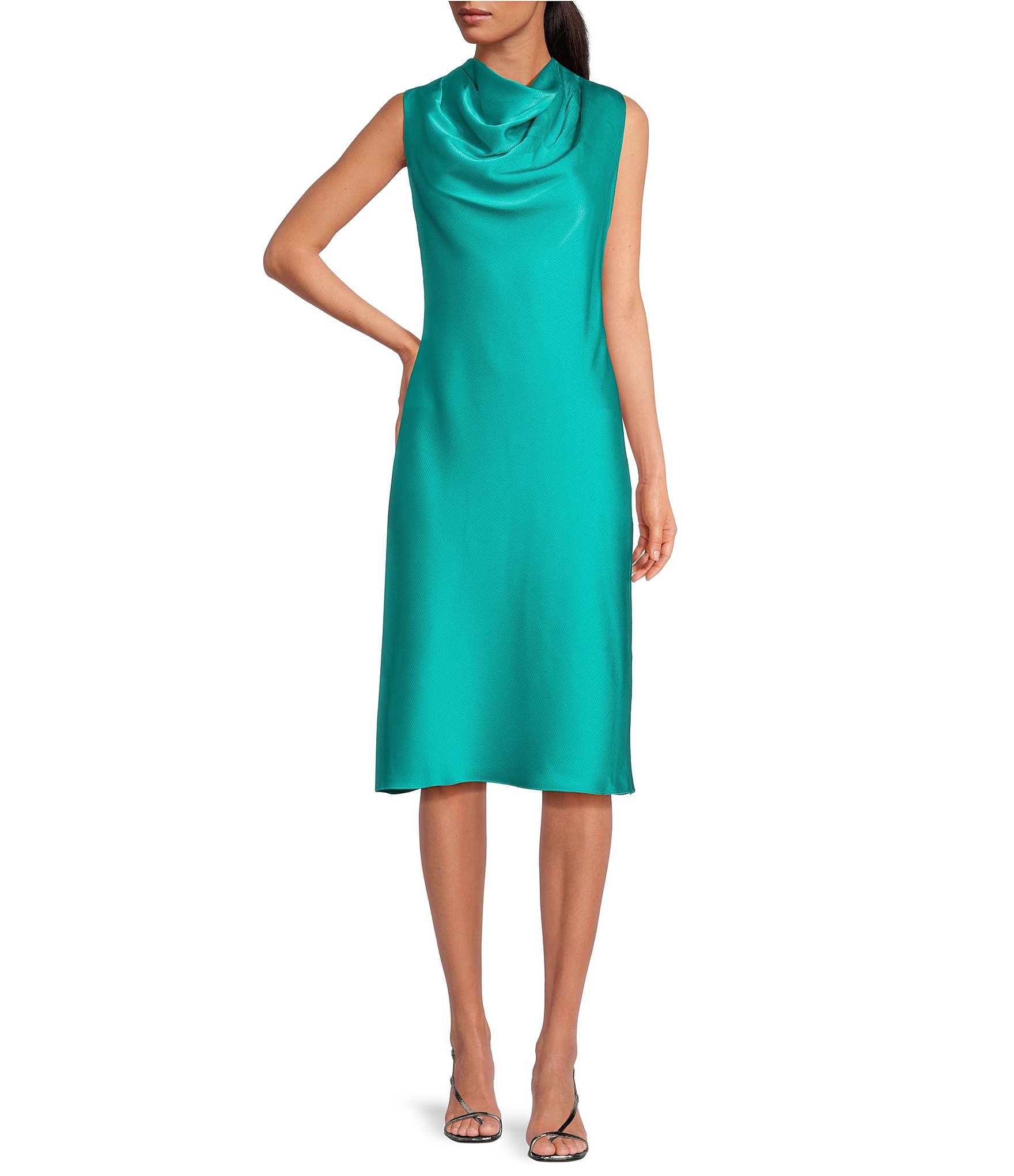 Trina Turk Ulani Satin Drape Funnel Neck Sleeveless Sheath Dress ...