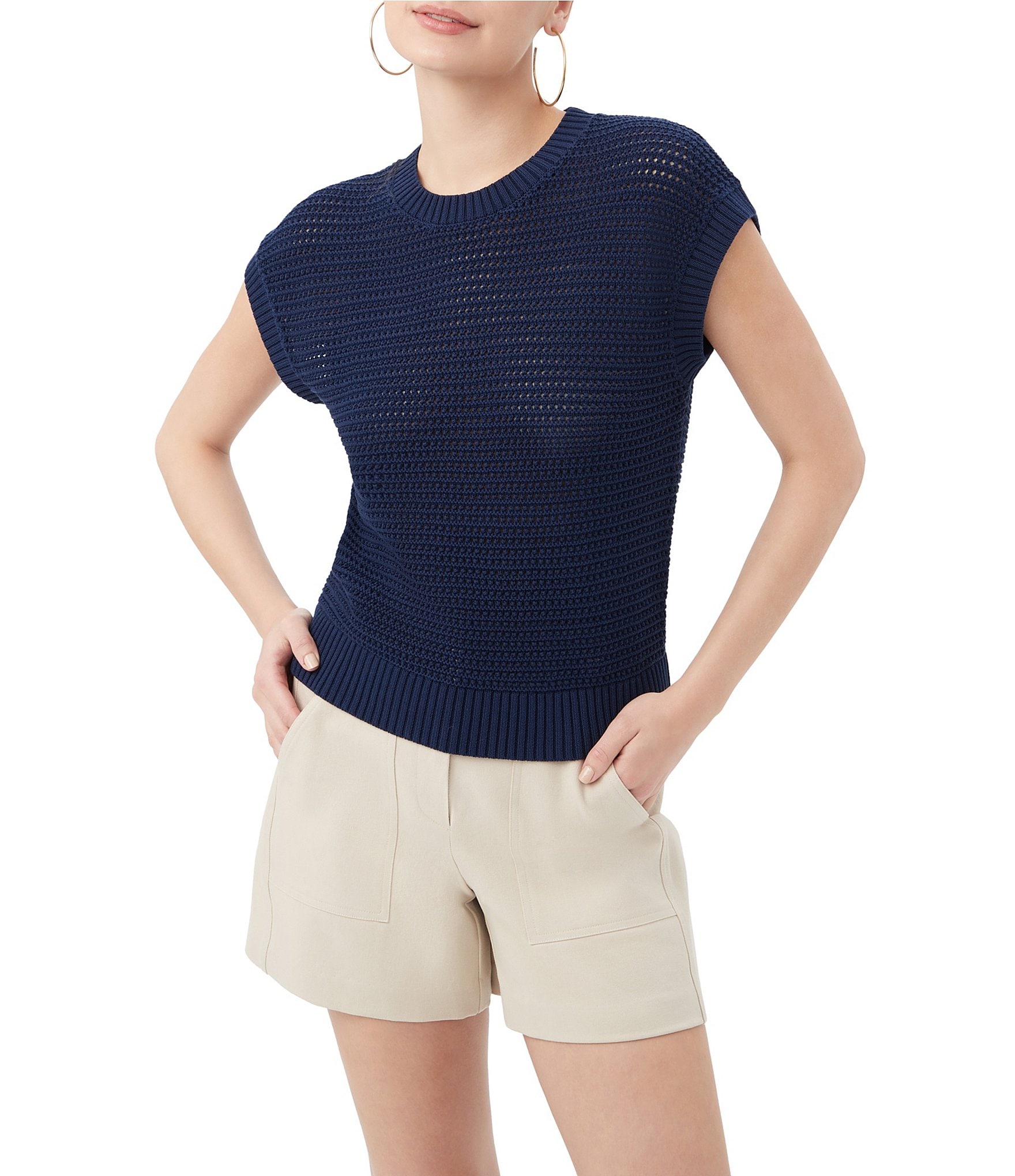 Trina Turk Yuri Open Knit Crew Neck Short Sleeve Top