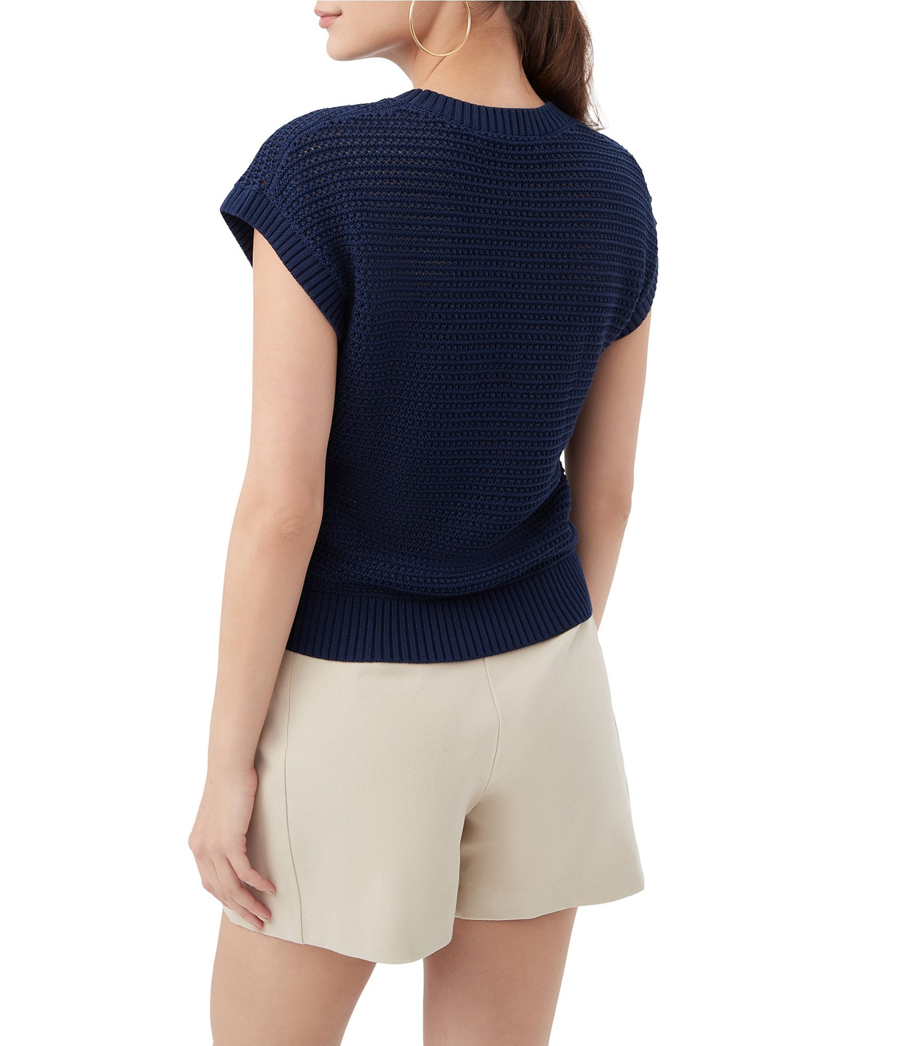 Trina Turk Yuri Open Knit Crew Neck Short Sleeve Top