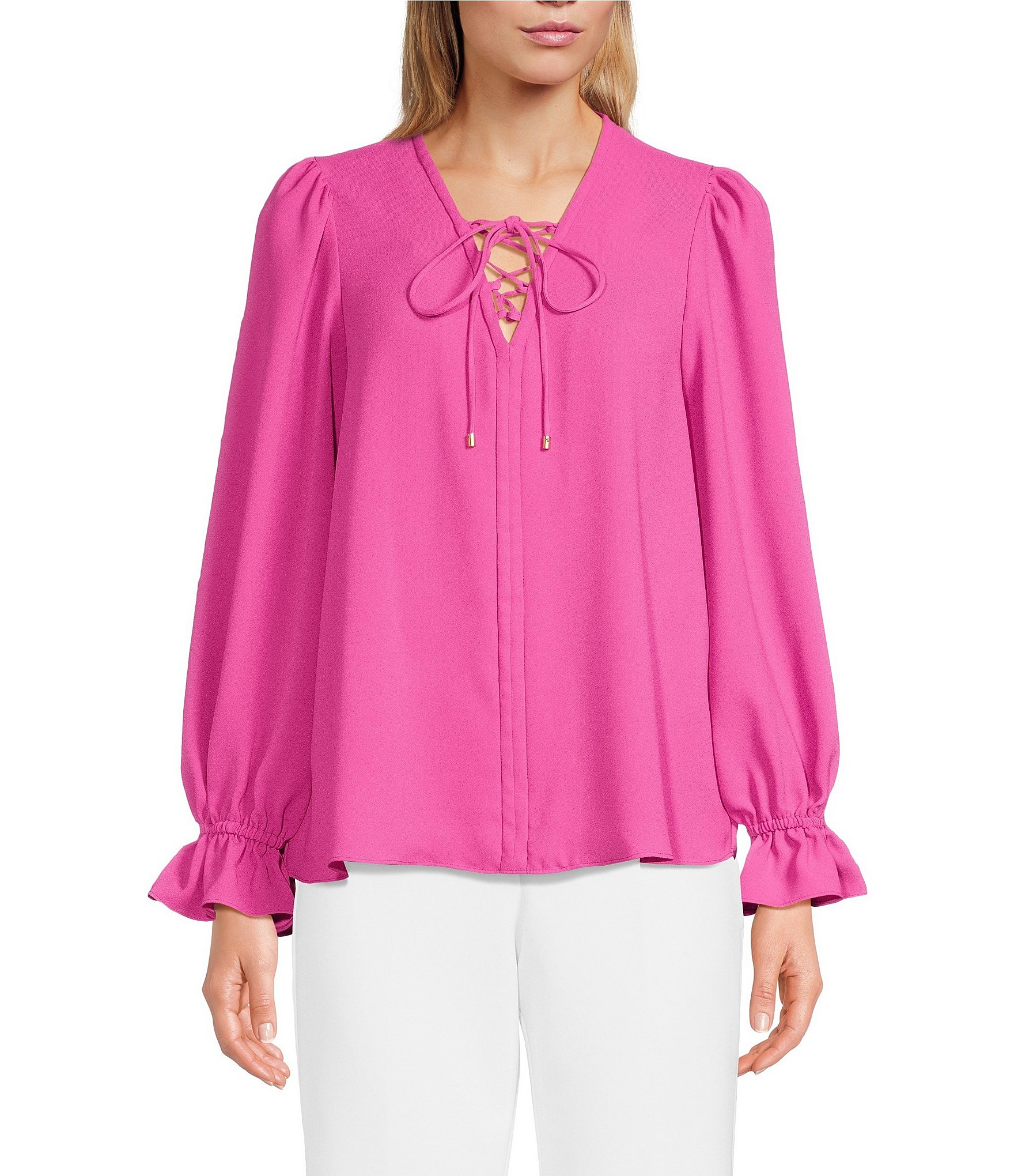 Lucky Brand Womens Lace-Up Neck Pullover Blouse, Pink, Small