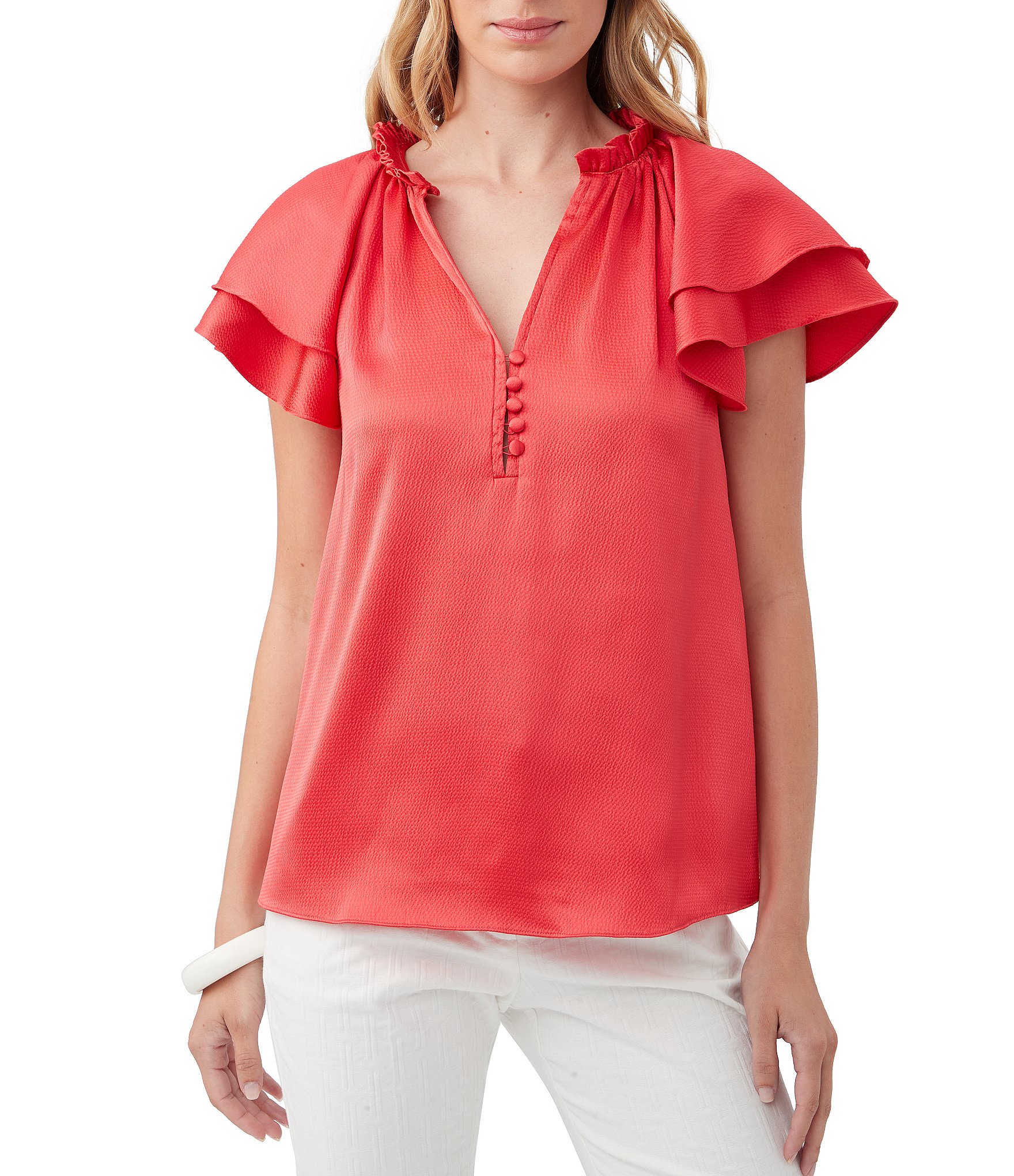 Trina Turk Zandy V-Neck Ruffle Sleeve Button Detail Top | Dillard's
