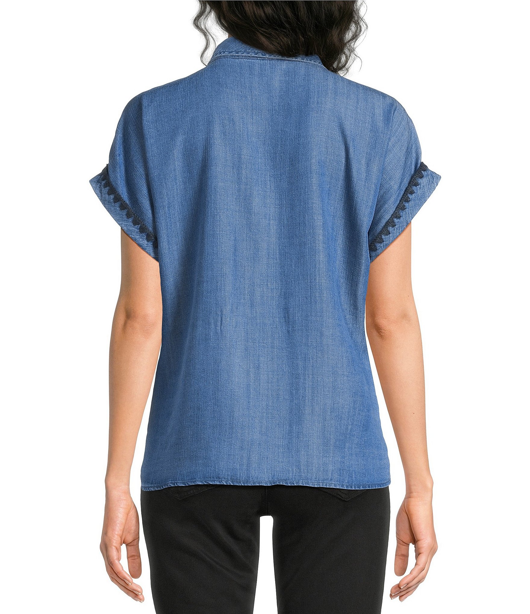 Tru Luxe Jeans Chambray Point Collar Short Sleeve Tie Front Shirt