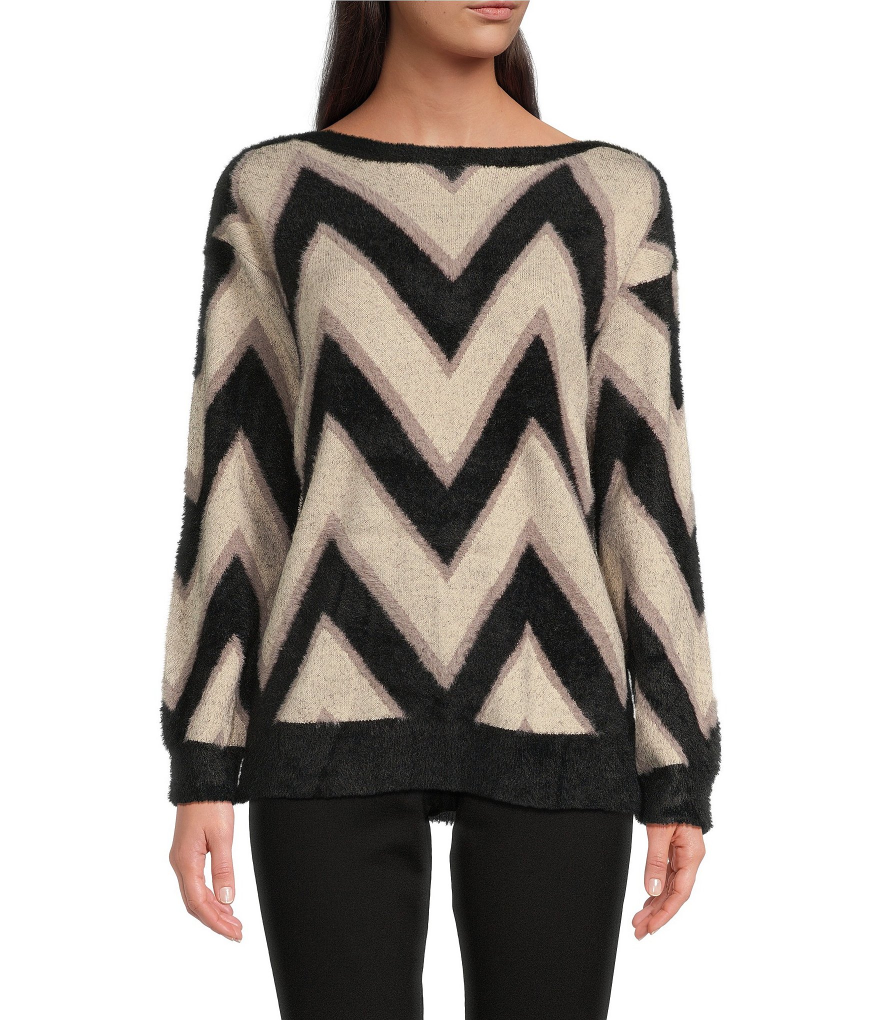 Tru Luxe Jeans Chevron Jacquard Boat Neck Ribbed Cuff Sleeve Sweater ...