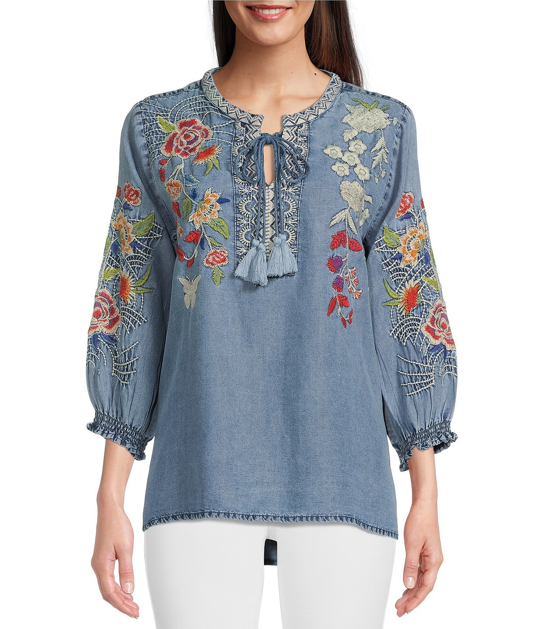 Tru Luxe Jeans Embroidered Floral Butterfly Print Banded V-Neck 3/4 ...