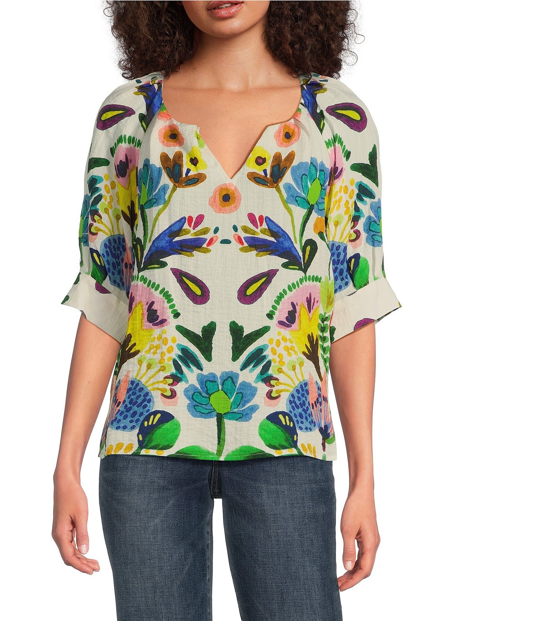 Tru Luxe Jeans Floral Pleated V-Neck Elbow Sleeve Popover