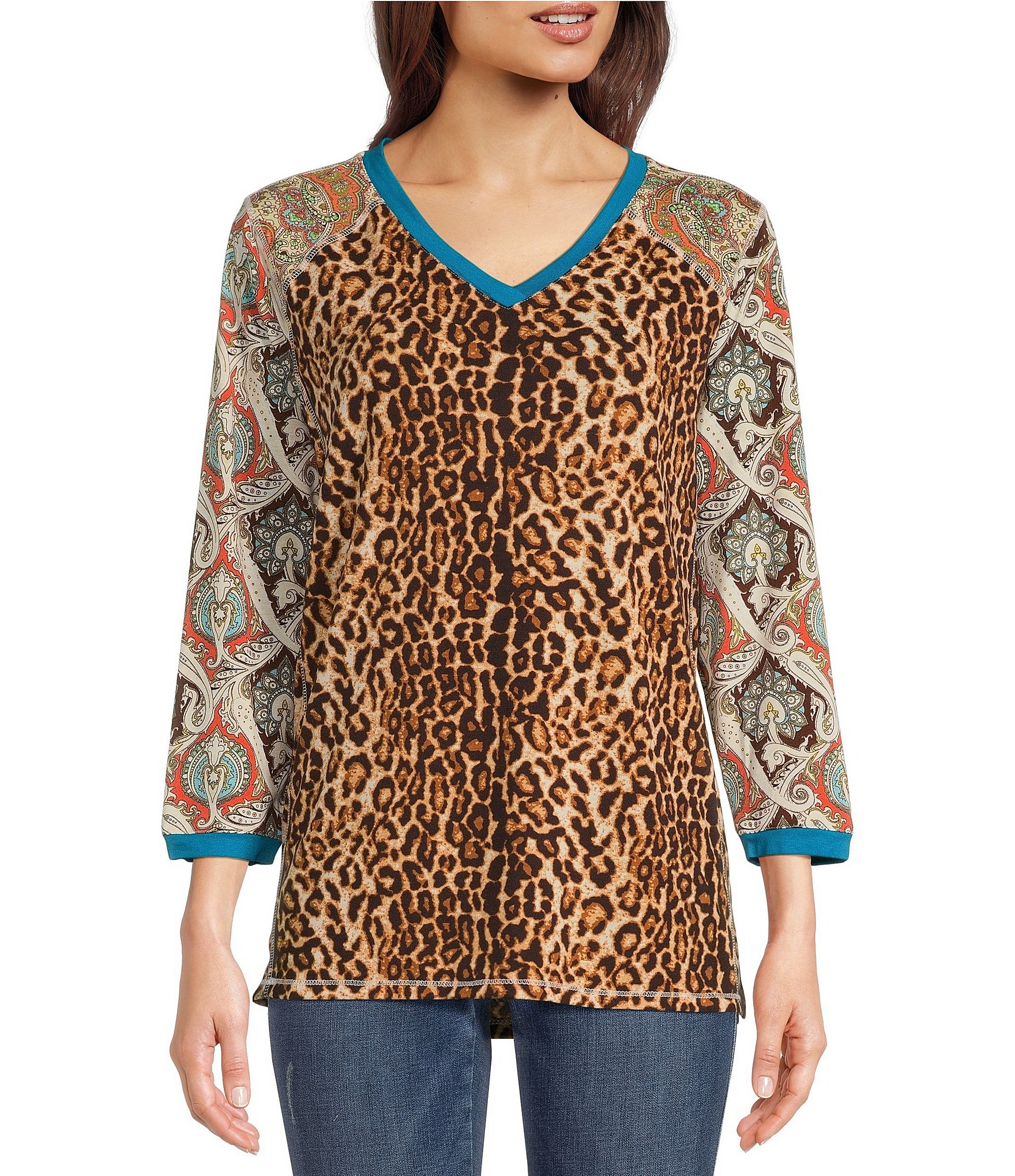 Tru Luxe Jeans Jersey Knit Mixed Animal Print V-Neck 3/4 Sleeve Top ...