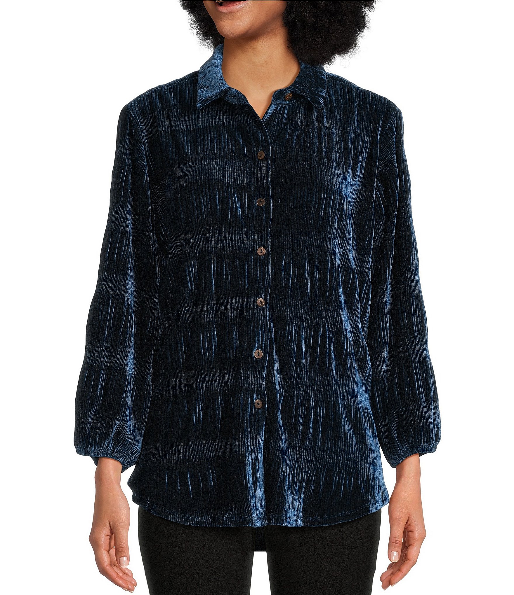 Tru Luxe Jeans Pleated Velvet Knit Point Collar Long Sleeve Button ...