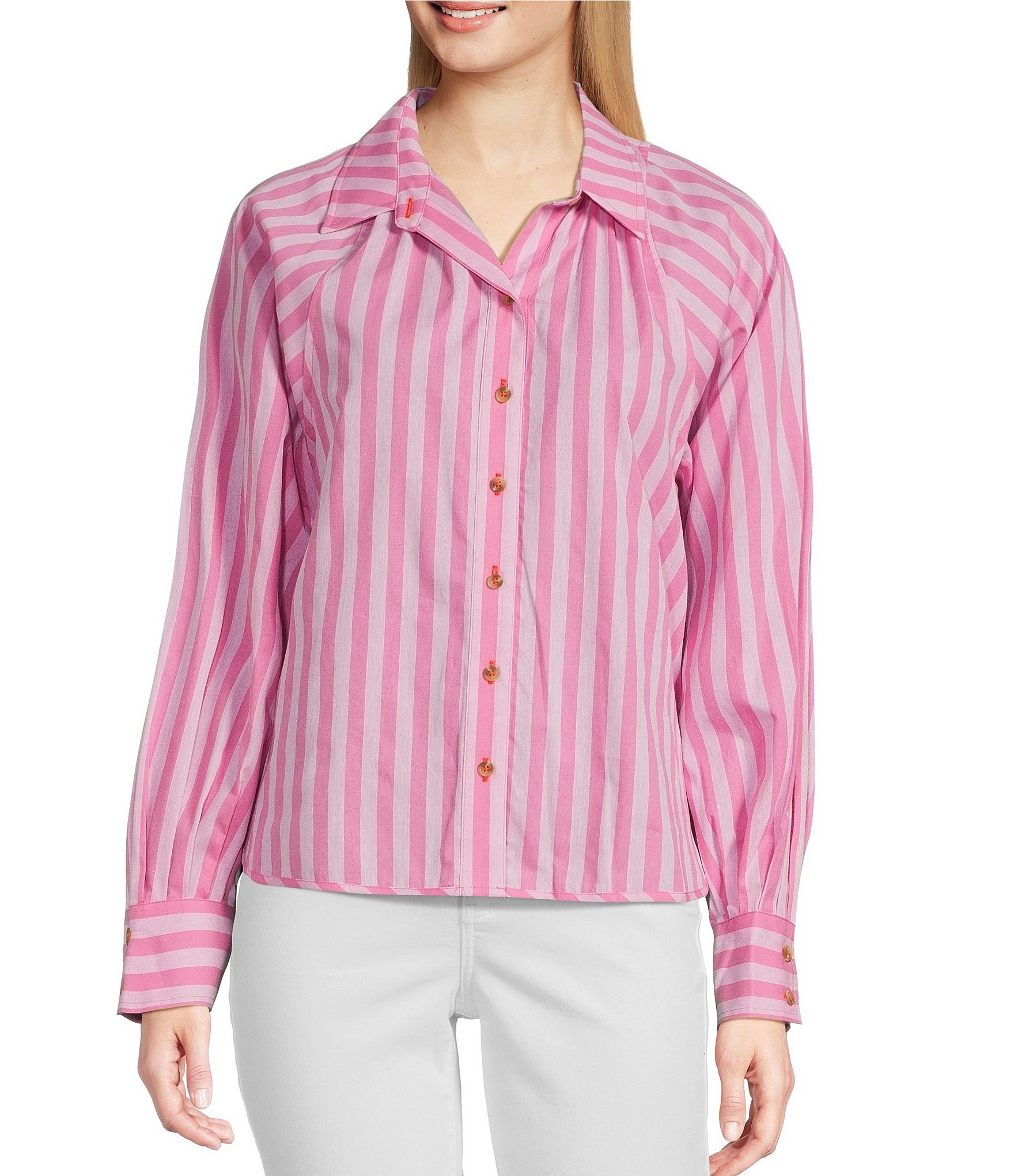 Tru Luxe Jeans Poplin Stripe Point Collar Balloon Long Sleeve Shirt