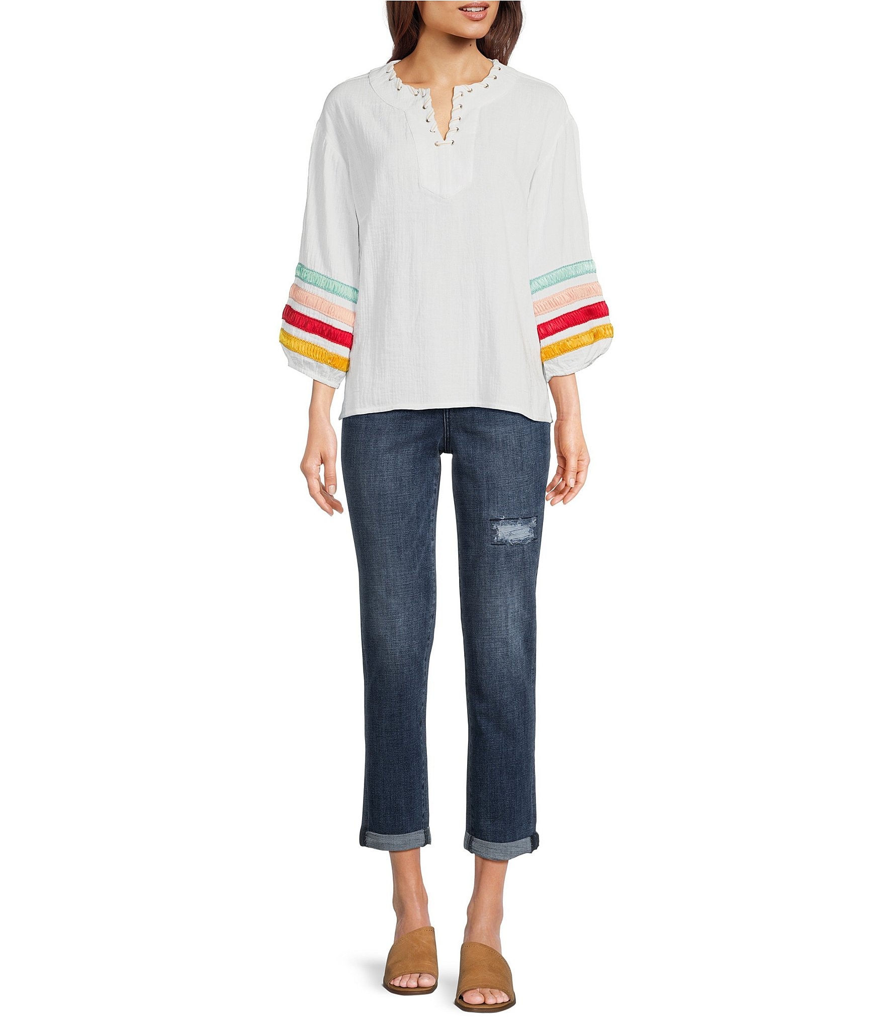 Tru Luxe Jeans Ribbon Trimmed Self-Lace Split Neck 3/4 Sleeve Top