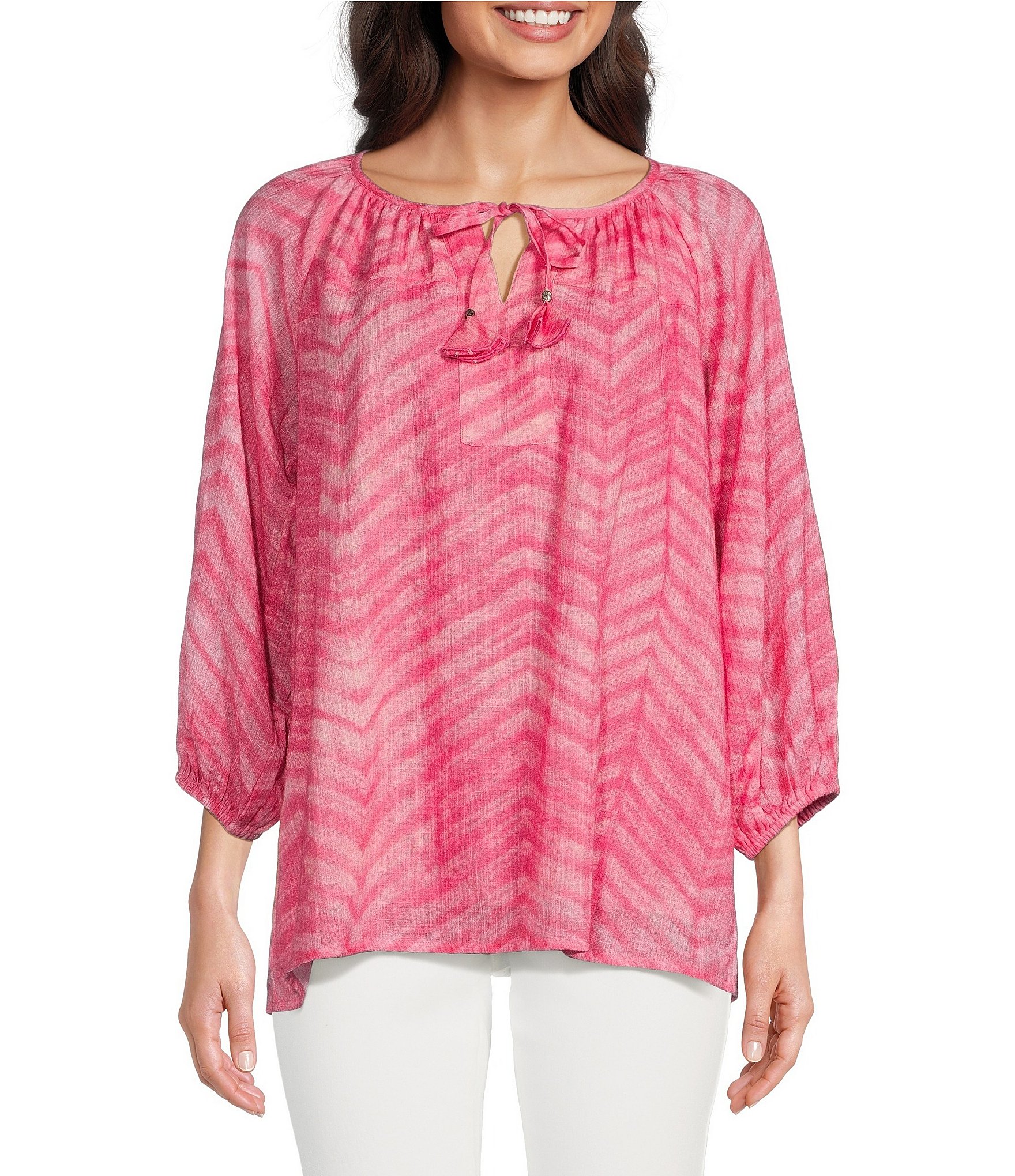 Tru Luxe Jeans Woven Chevron Print Crew Tassel Tie Neck 3/4 Sleeve ...