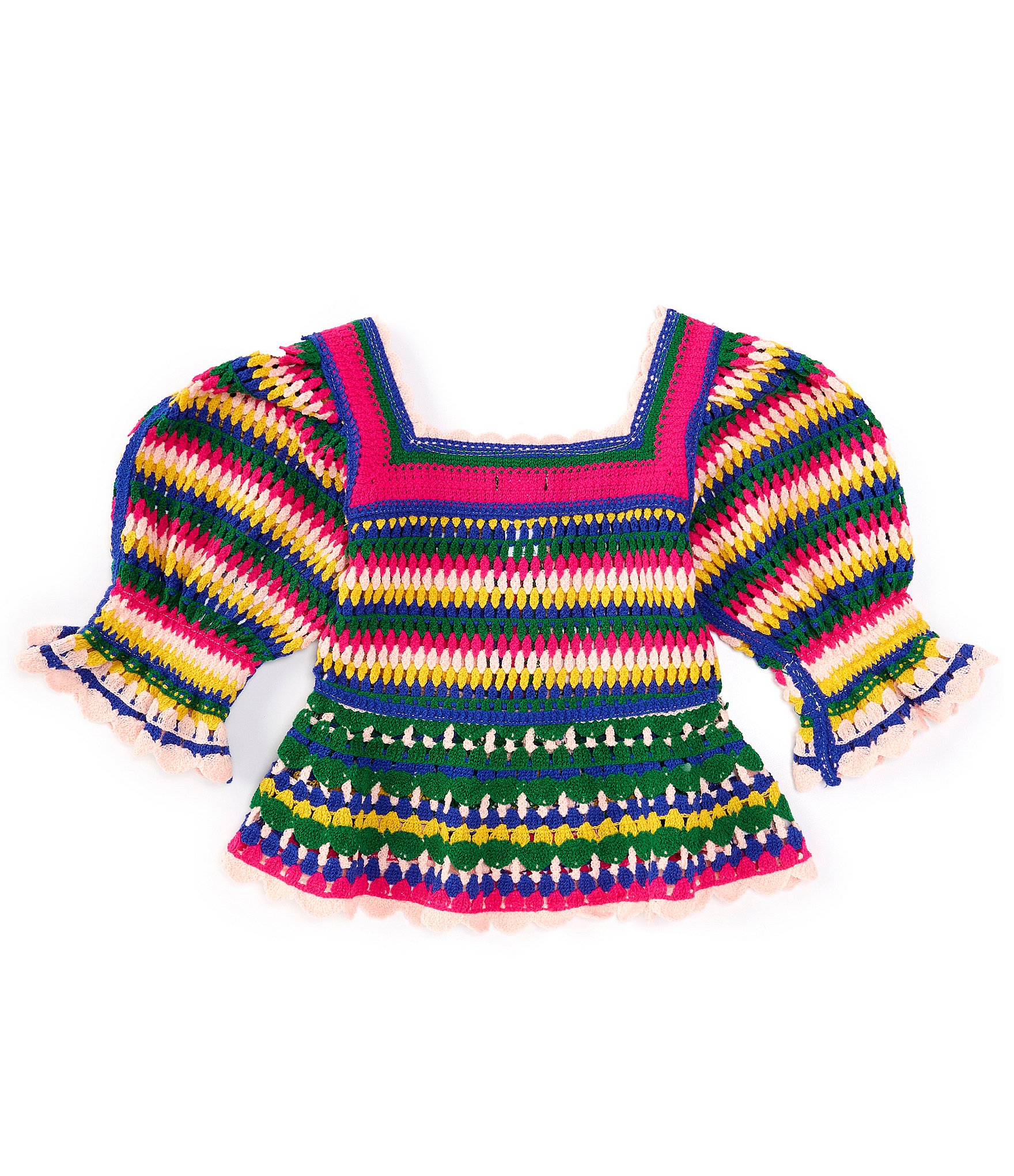 Truce Big Girls 7-16 Puffed Sleeve Striped Crocheted Top