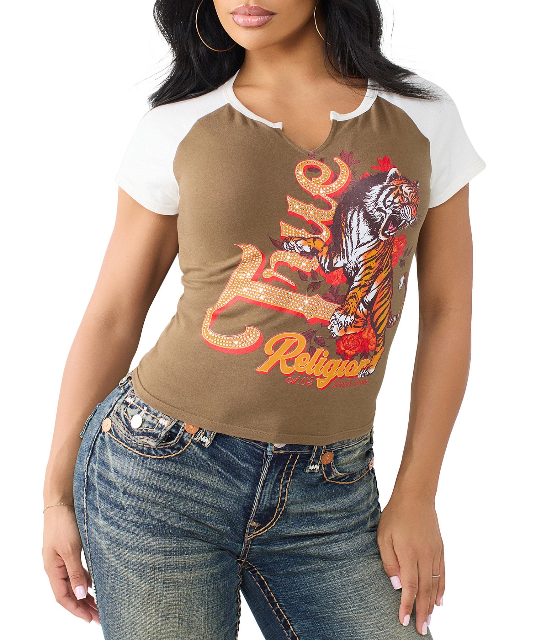 True Religion Contrast Raglan Tiger Printed Notch Neck Short Sleeve Baby Tee