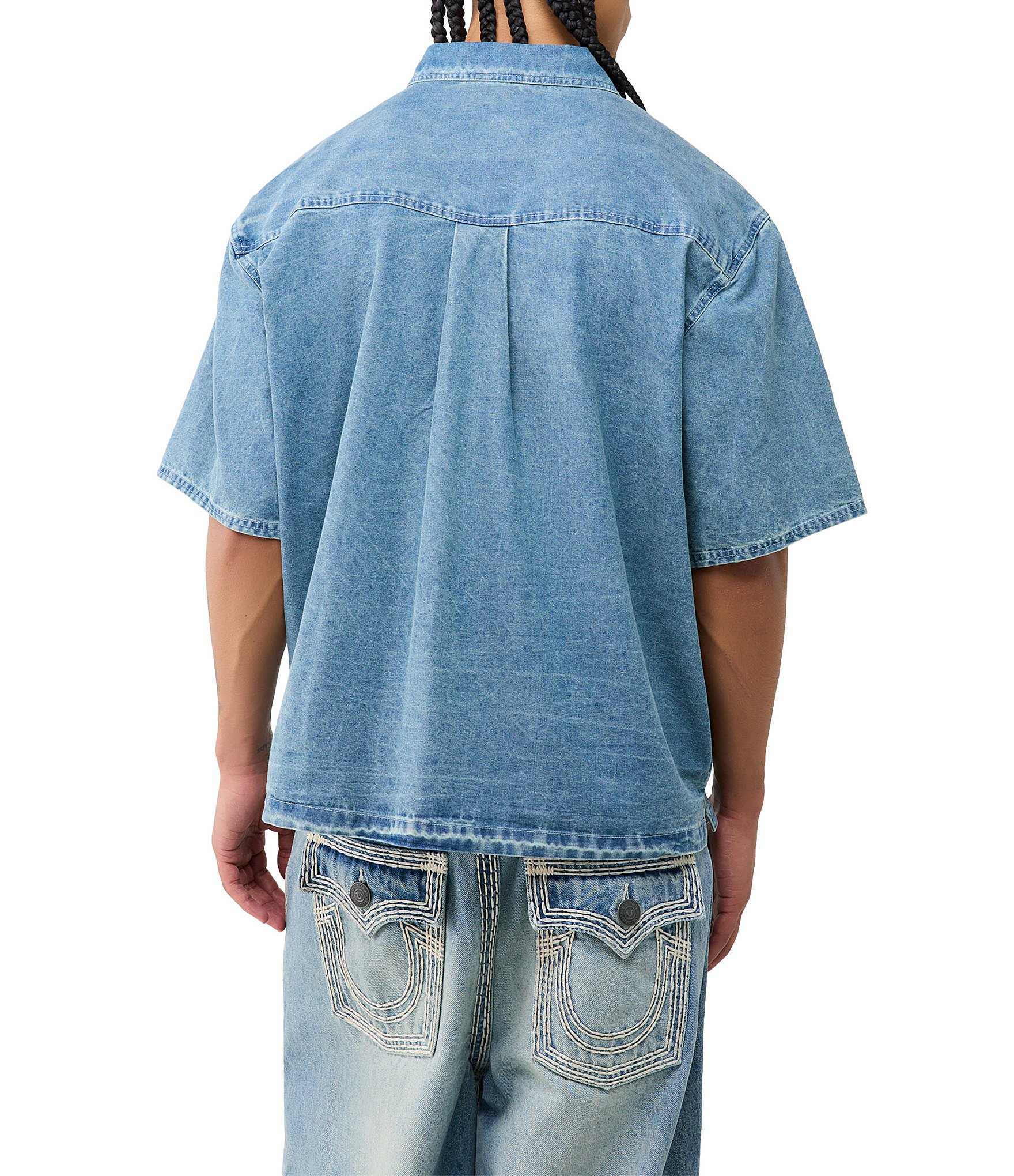 True Religion Short Sleeve Denim Logo Patchwork Shirt