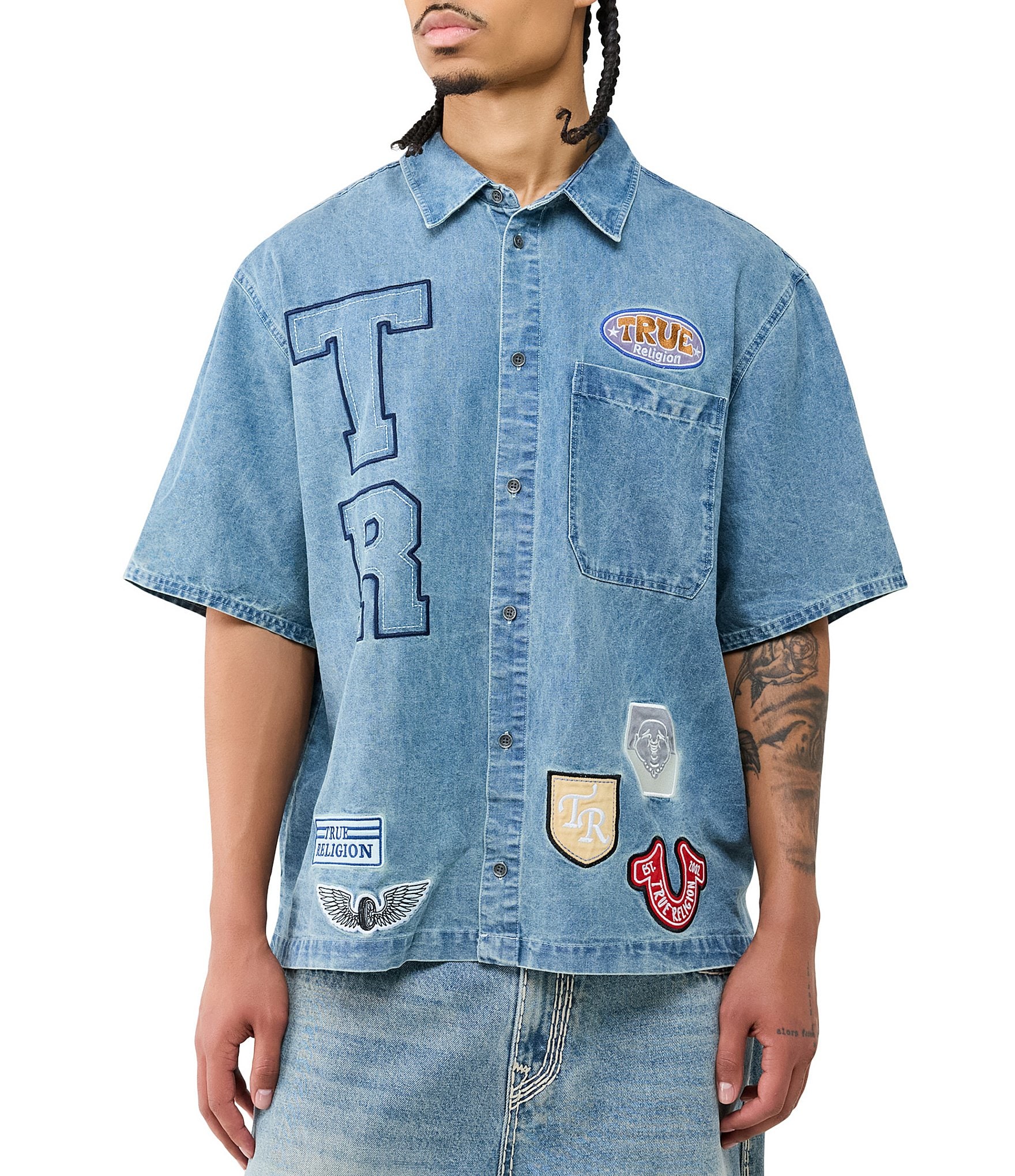 True Religion Short Sleeve Denim Logo Patchwork Shirt
