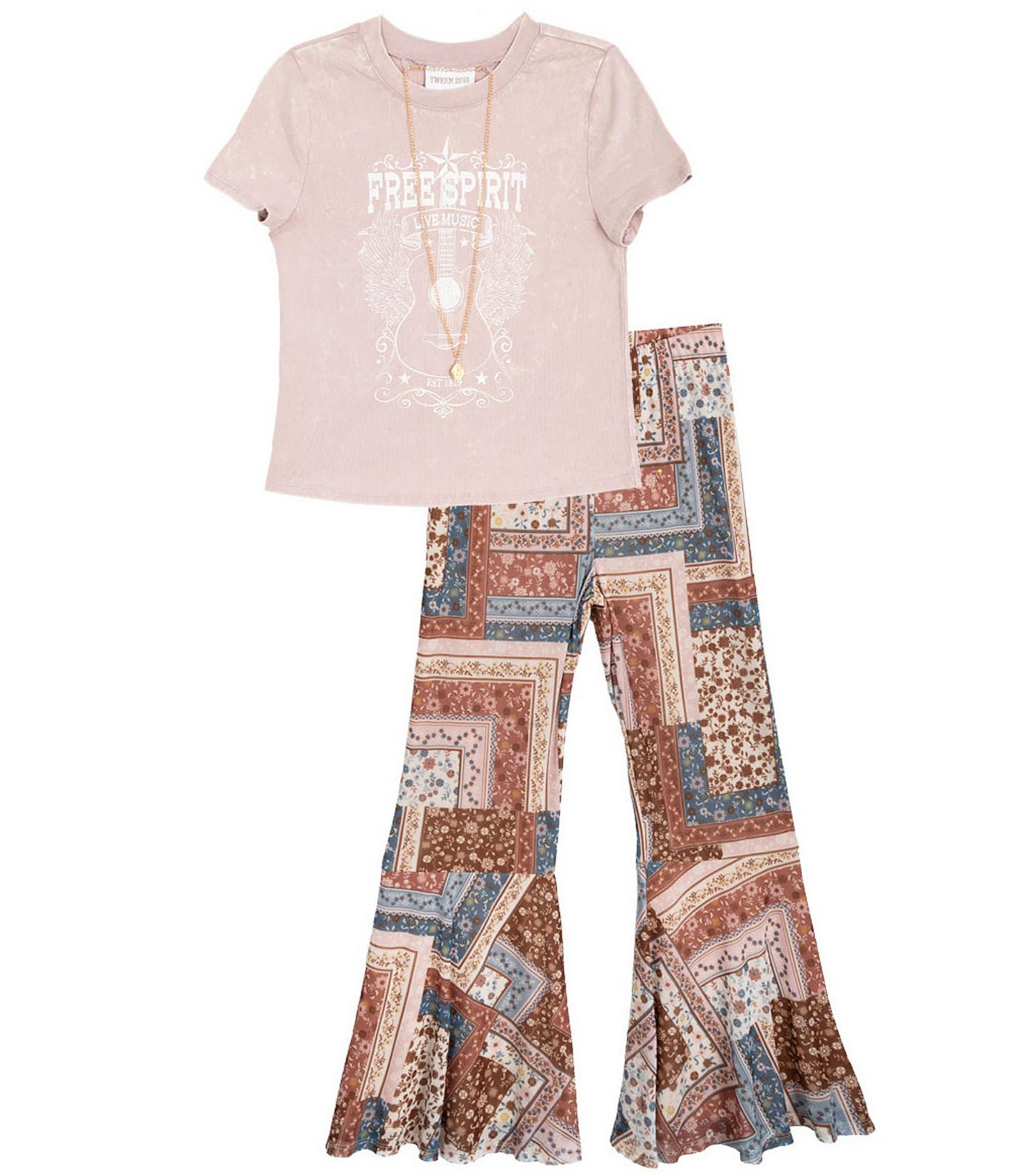 Tween Diva Big Girls Short-Sleeve Free Spirt T-Shirt & Printed Palazzo Pant Set