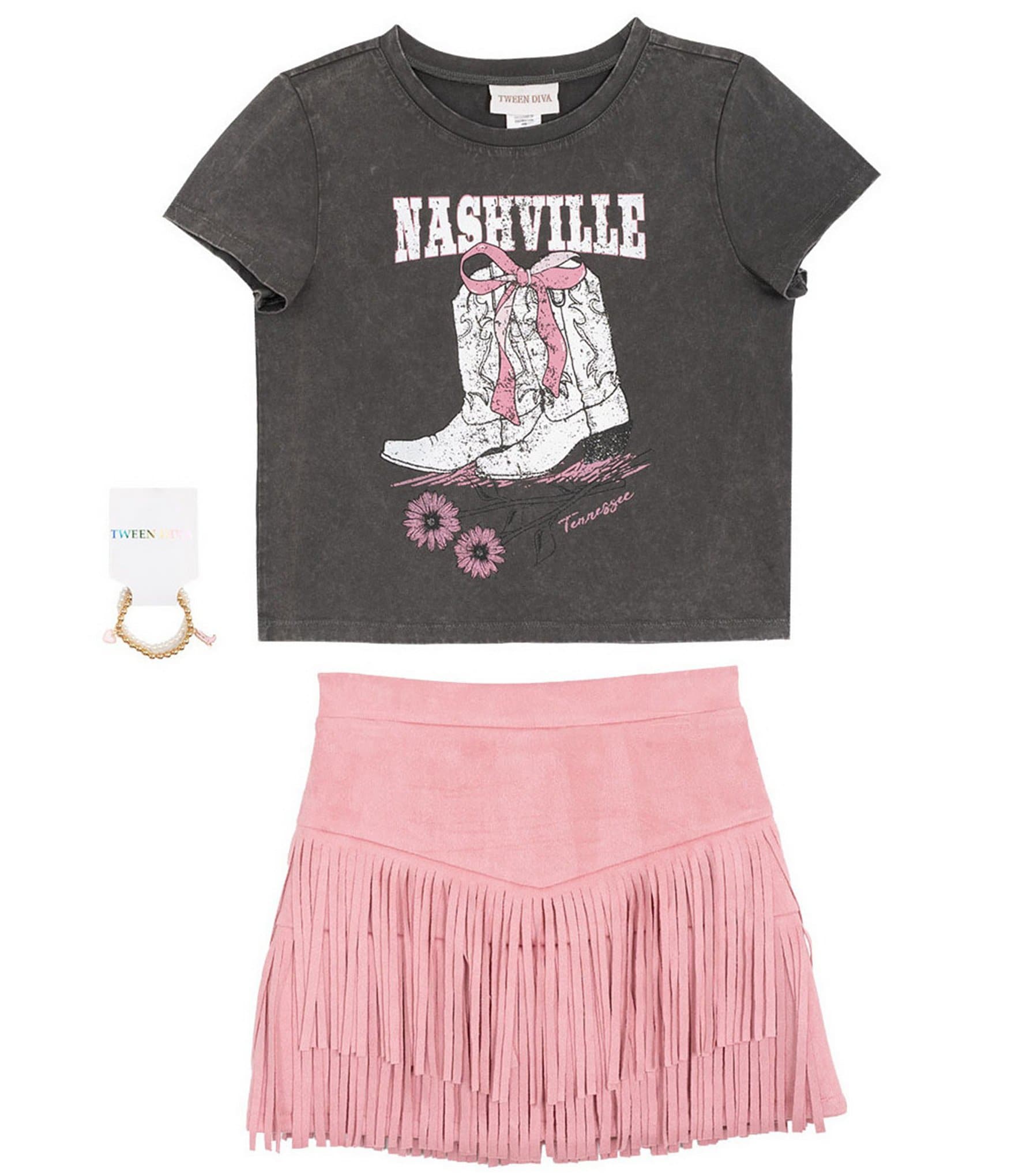 Tween Diva Big Girls Short Sleeve Nashville Graphic T-Shirt & Fringe-Trimmed Faux-Suede Skort Set