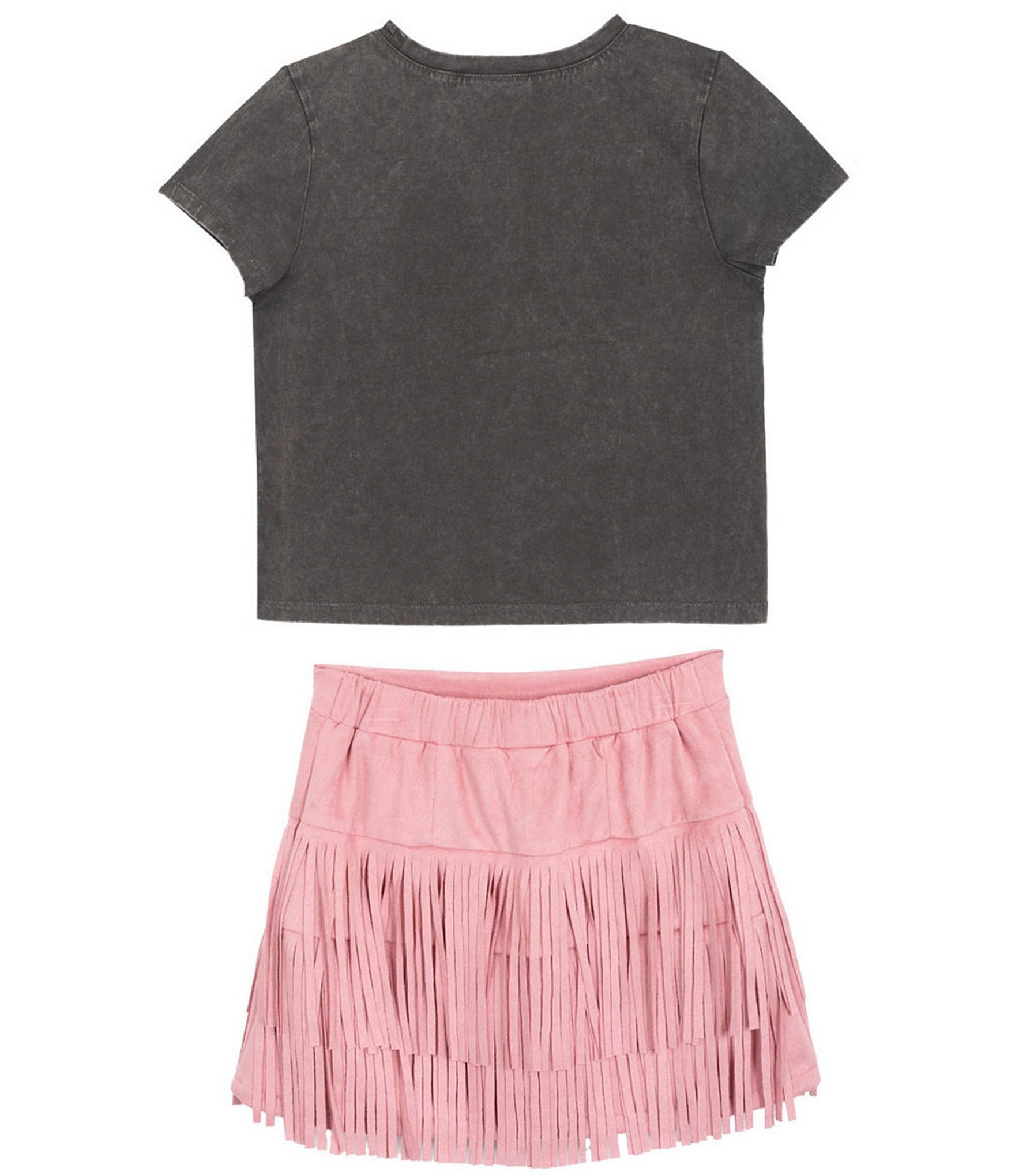 Tween Diva Big Girls Short Sleeve Nashville Graphic T-Shirt & Fringe-Trimmed Faux-Suede Skort Set