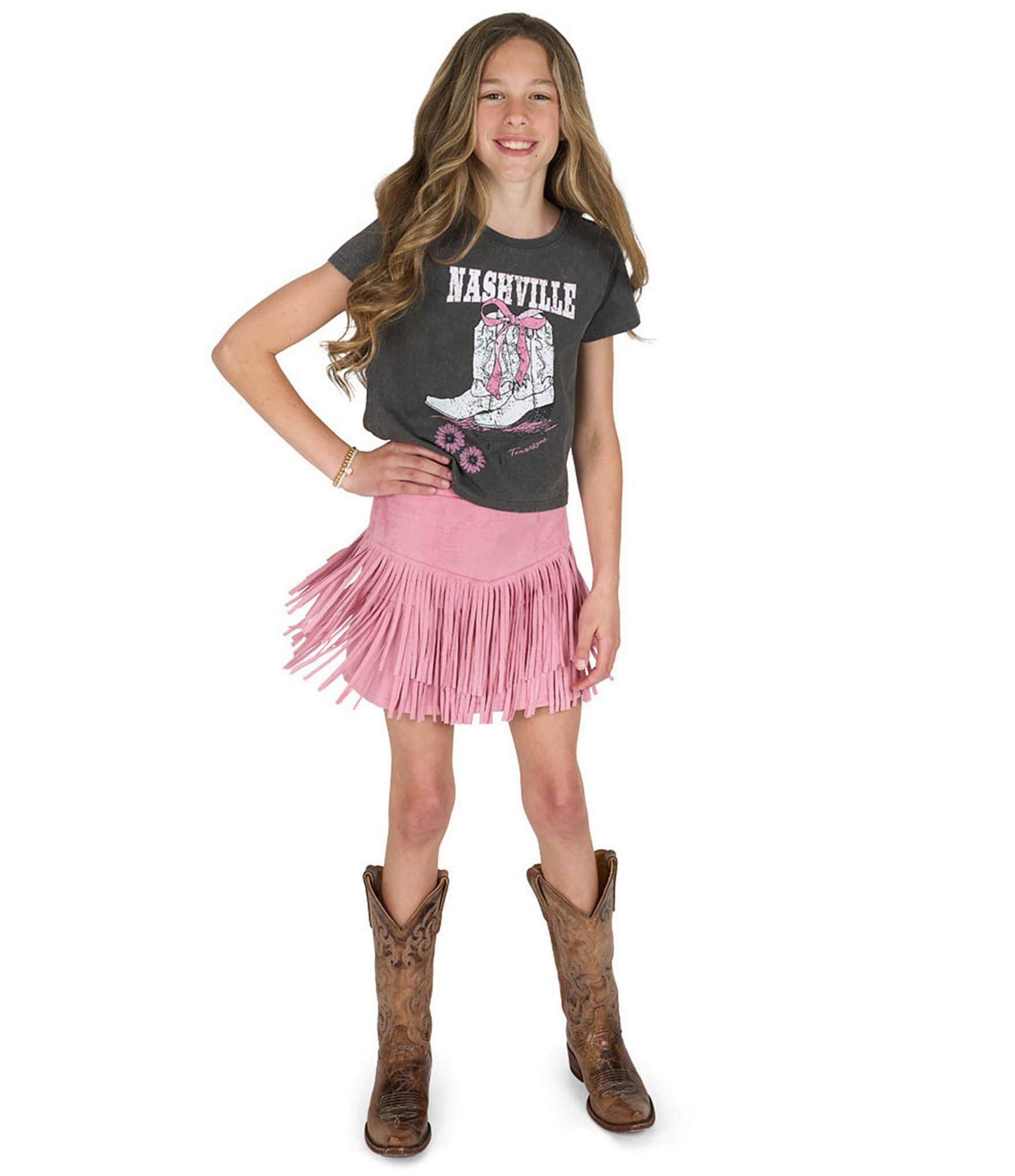 Tween Diva Big Girls Short Sleeve Nashville Graphic T-Shirt & Fringe-Trimmed Faux-Suede Skort Set