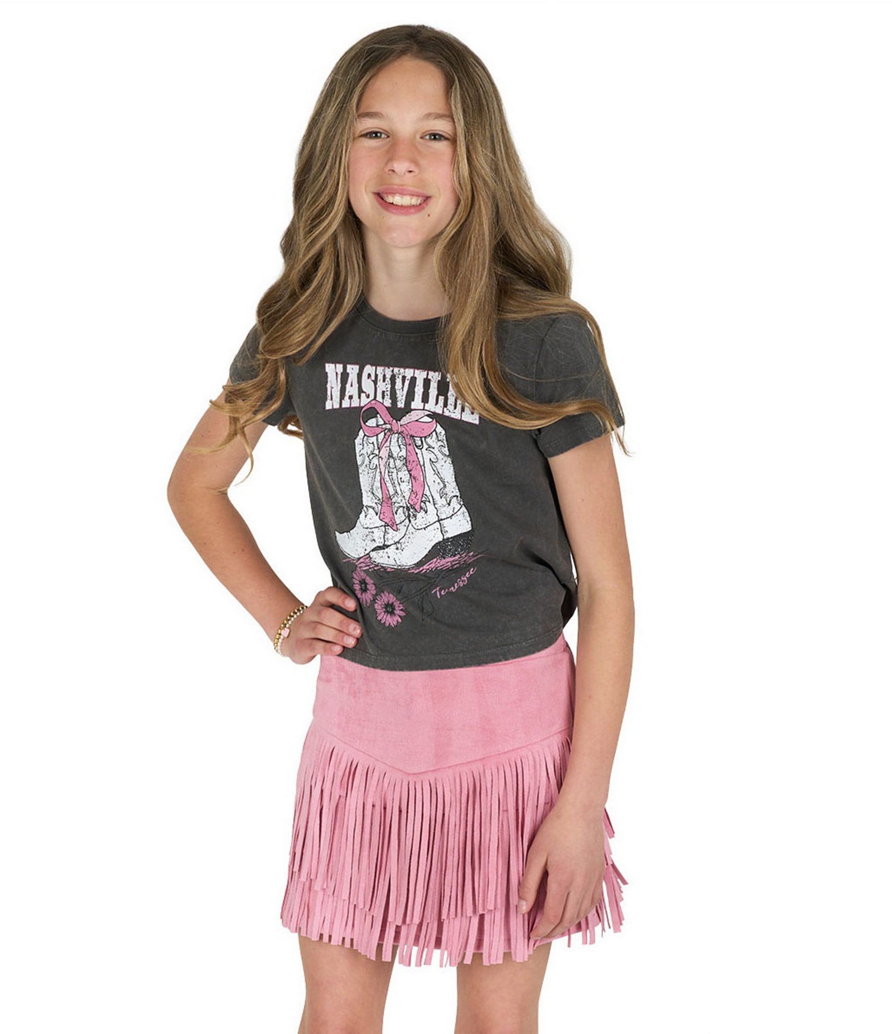 Tween Diva Big Girls Short Sleeve Nashville Graphic T-Shirt & Fringe-Trimmed Faux-Suede Skort Set
