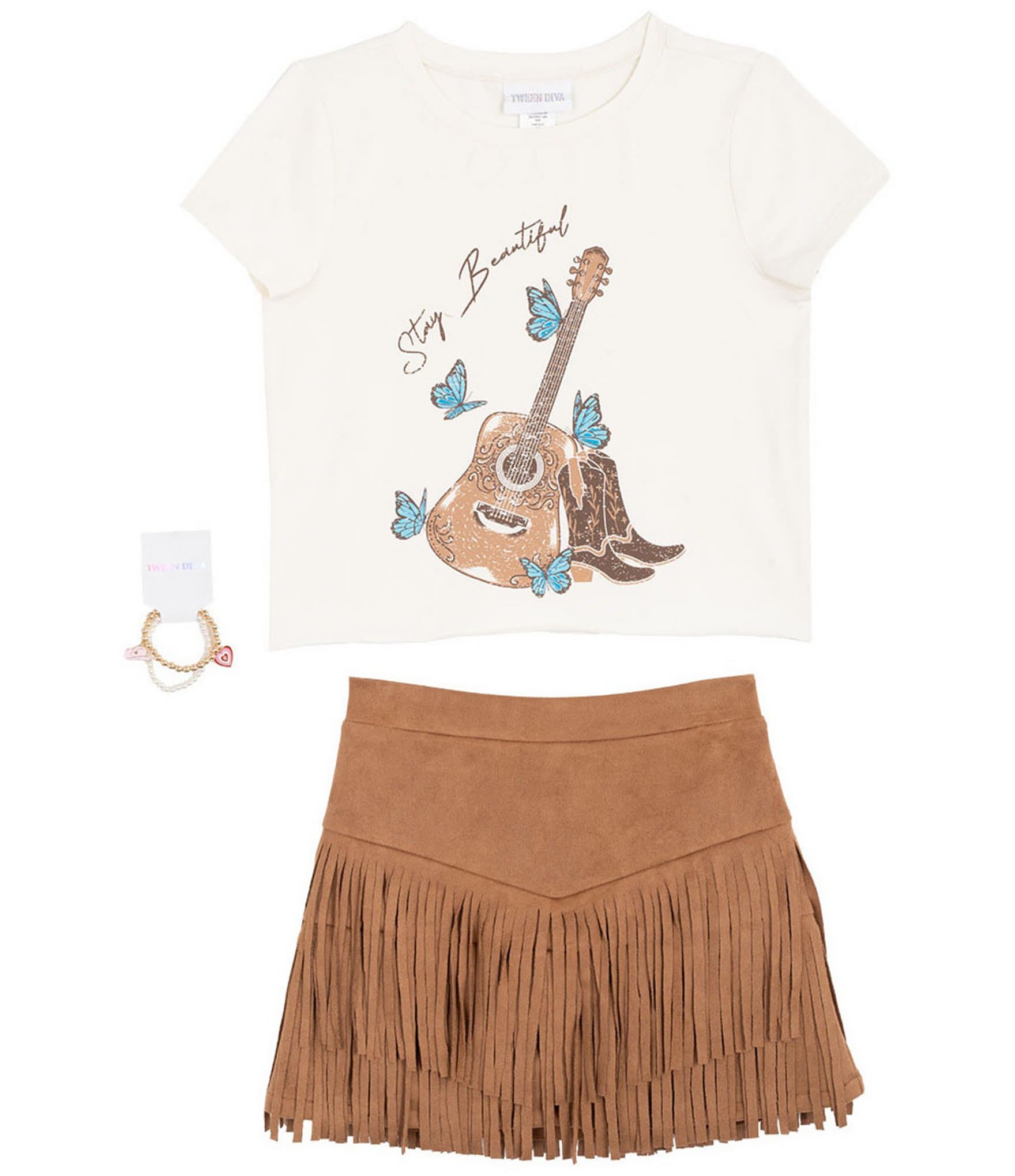 Tween Diva Big Girls Short Sleeve Stay Beautiful Graphic T-Shirt & Fringe-Trimmed Faux-Suede Skort Set