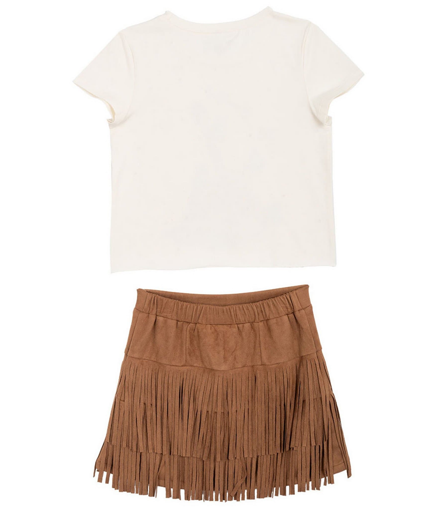 Tween Diva Big Girls Short Sleeve Stay Beautiful Graphic T-Shirt & Fringe-Trimmed Faux-Suede Skort Set