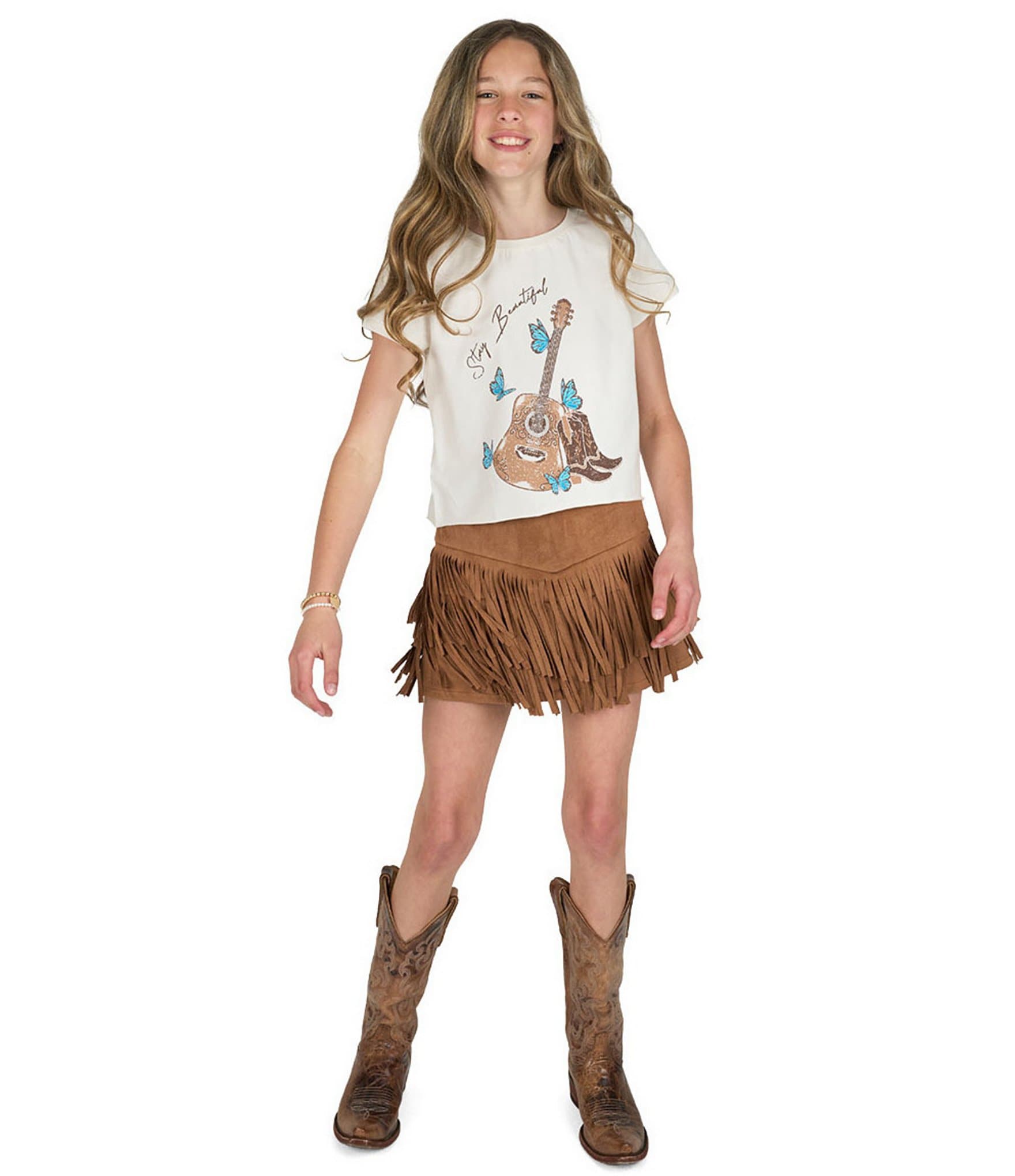 Tween Diva Big Girls Short Sleeve Stay Beautiful Graphic T-Shirt & Fringe-Trimmed Faux-Suede Skort Set