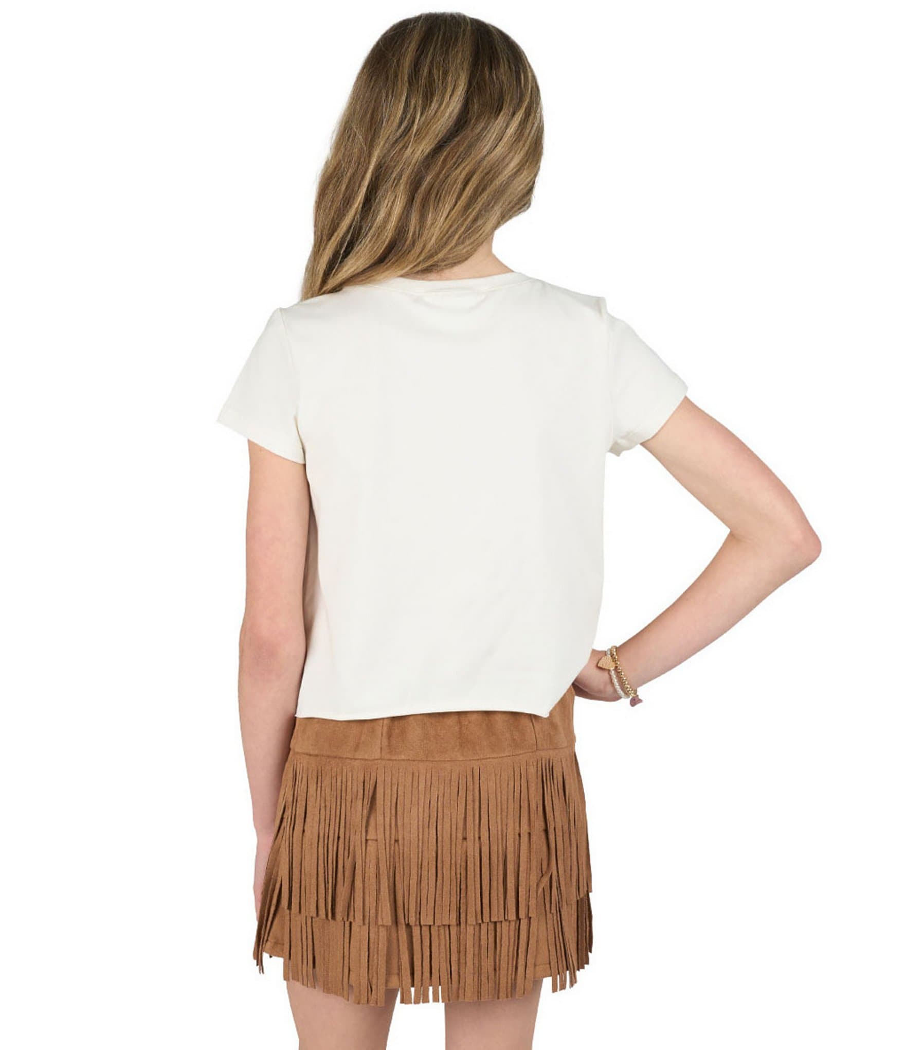 Tween Diva Big Girls Short Sleeve Stay Beautiful Graphic T-Shirt & Fringe-Trimmed Faux-Suede Skort Set