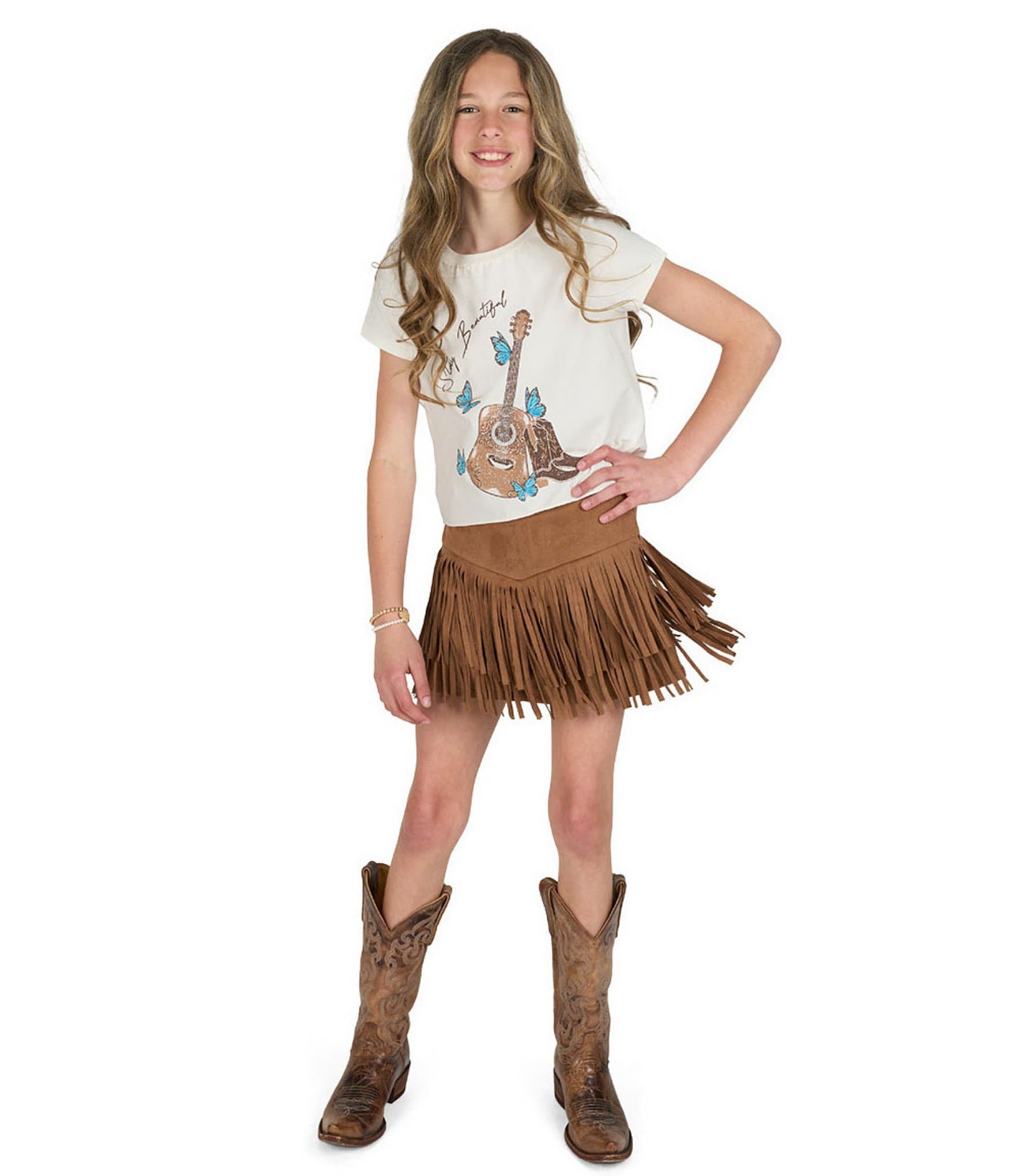 Tween Diva Big Girls Short Sleeve Stay Beautiful Graphic T-Shirt & Fringe-Trimmed Faux-Suede Skort Set