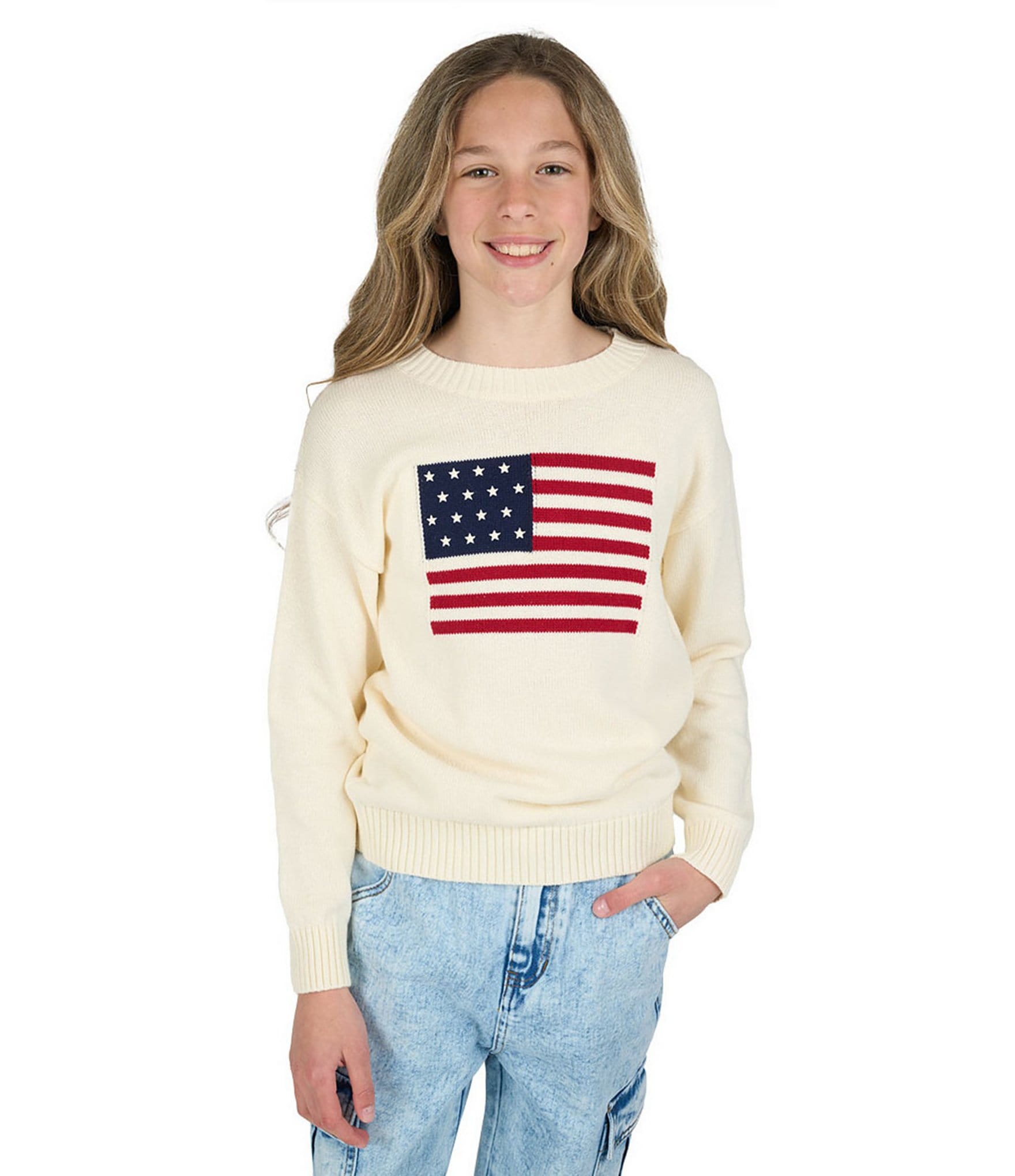 Tween Diva Big Girls Long-Sleeve American Flag Motif Oversized Sweater