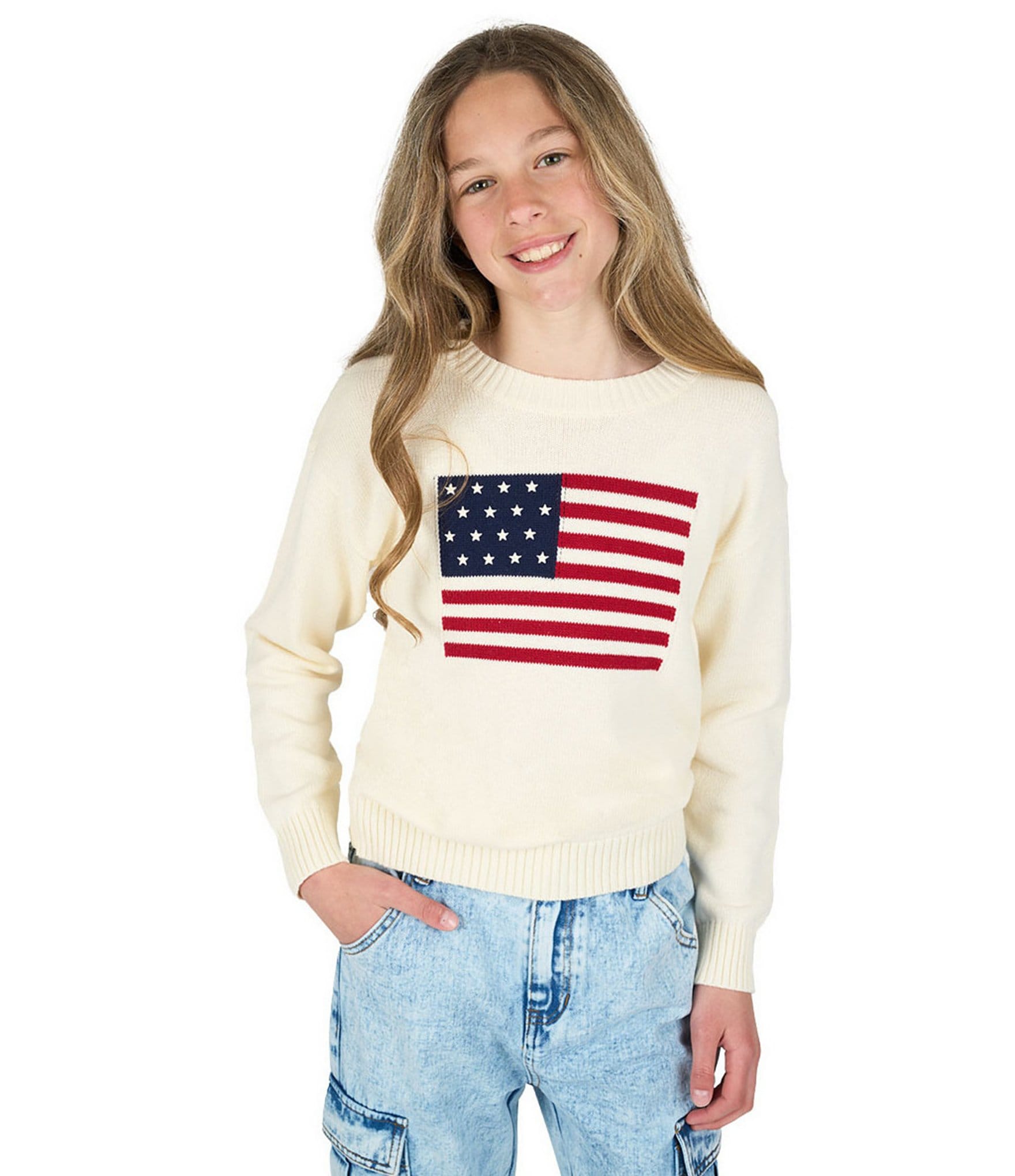 Tween Diva Big Girls Long-Sleeve American Flag Motif Oversized Sweater