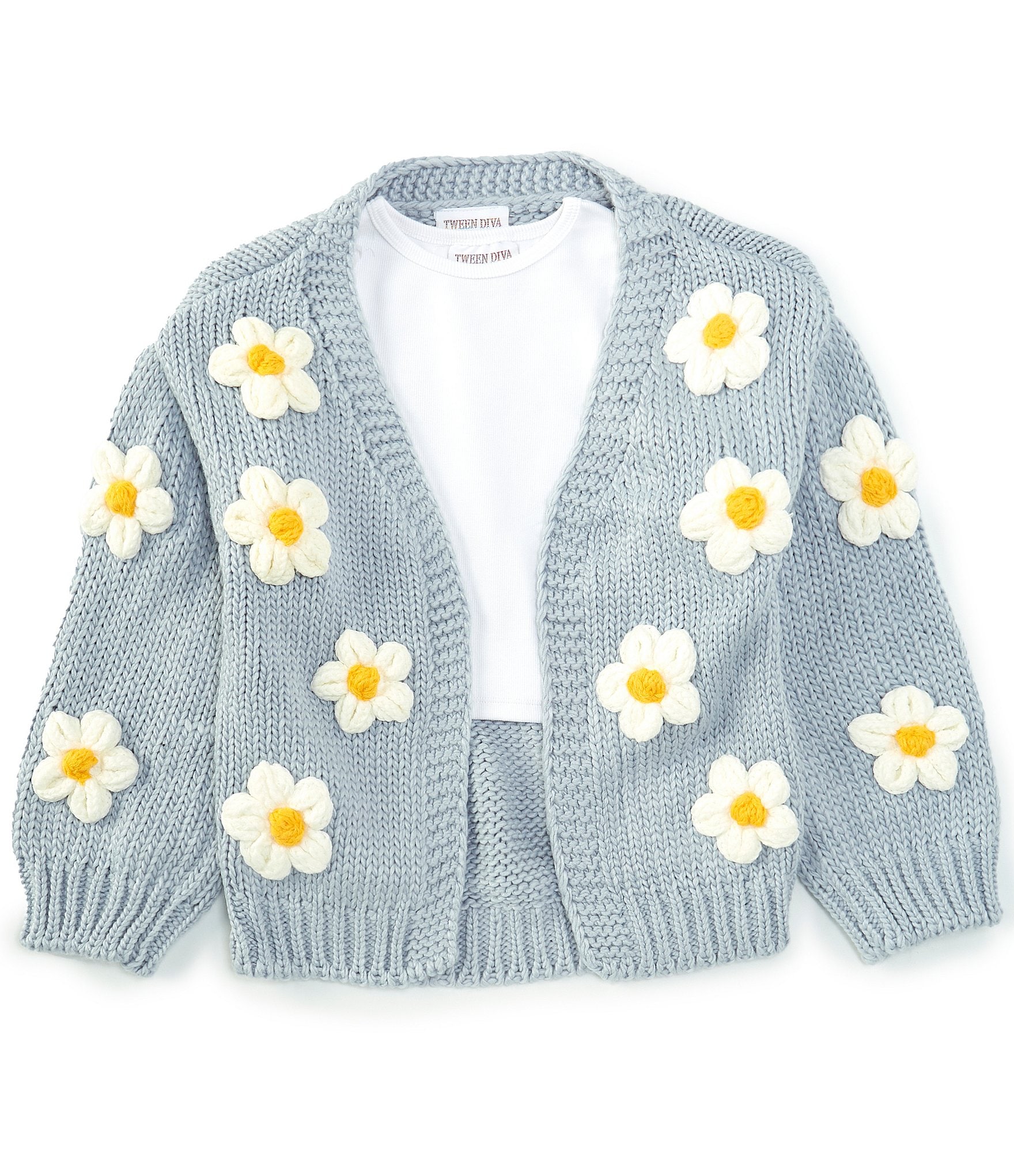 Tween Diva Big Girls 7-16 Long Sleeve Daisy-Appliqued Crochted Cardigan & Short Sleeve Rib-Knit Top Set