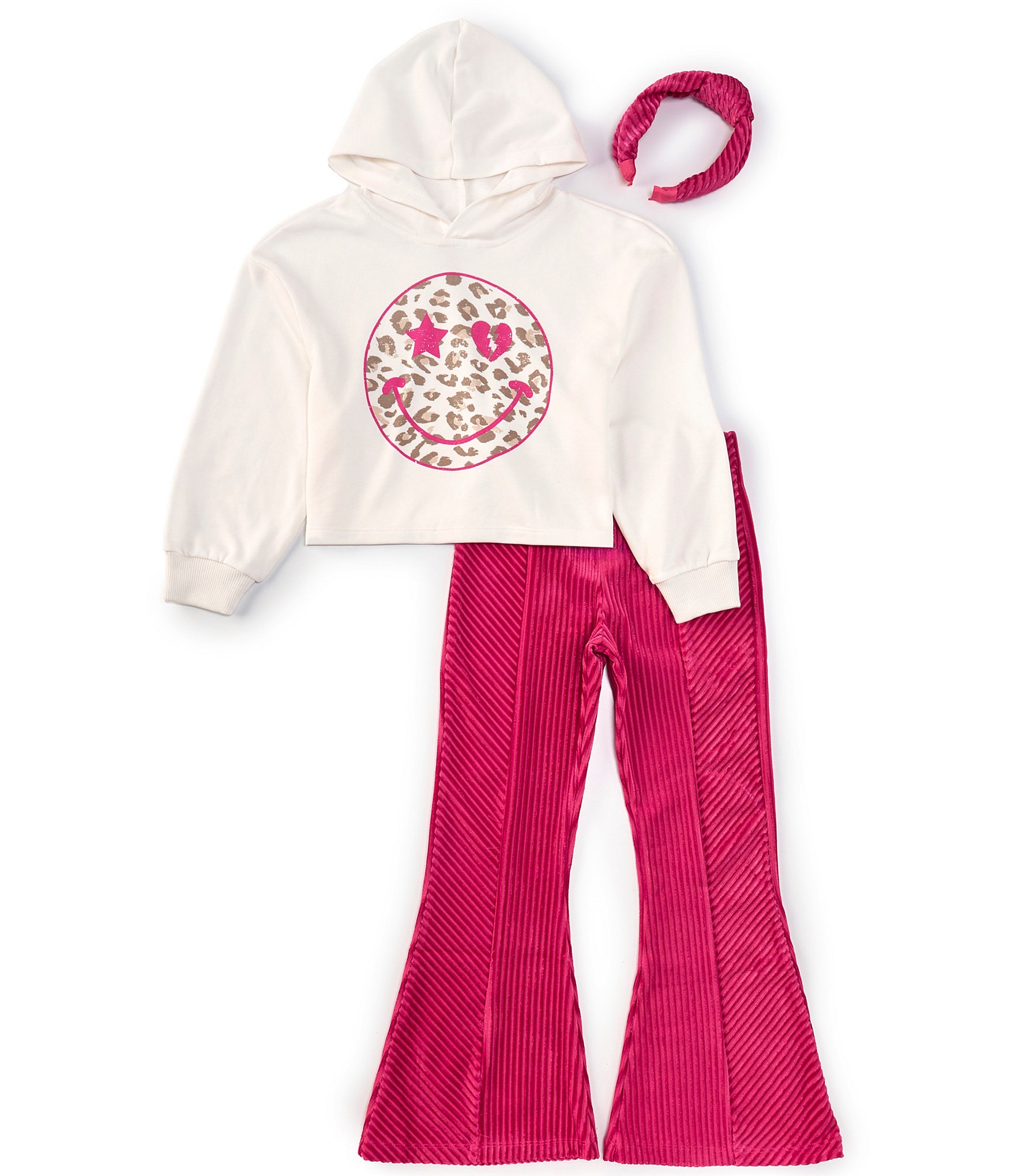 Tween Diva Big Girls 7-16 Long Sleeve Smiley Face Fleece Hoodie & Textured-Velvet Flare-Leg Leggings Set