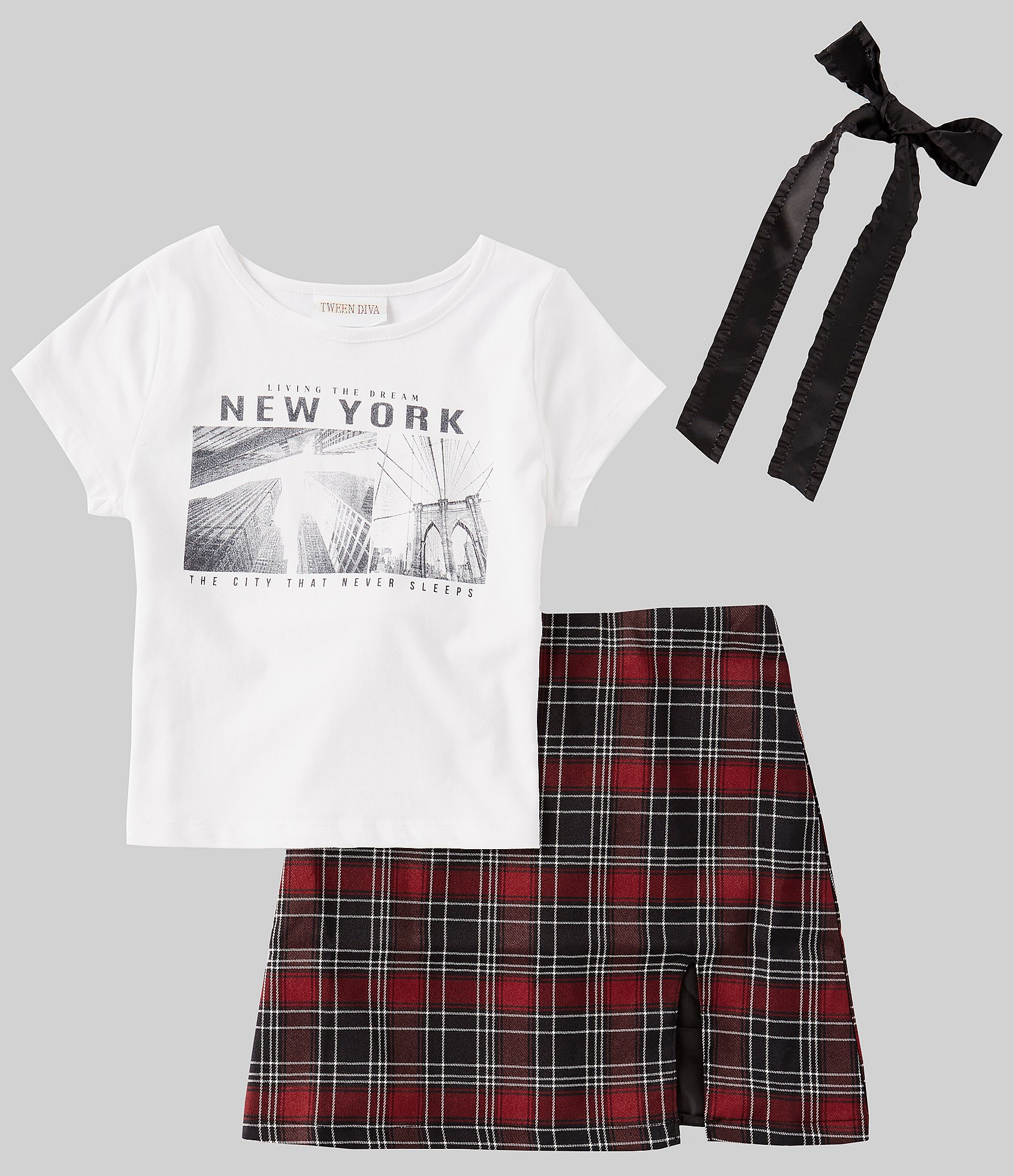 Tween Diva Big Girls 7-16 Short Sleeve Graphic T-Shirt & Plaid Skirt Set